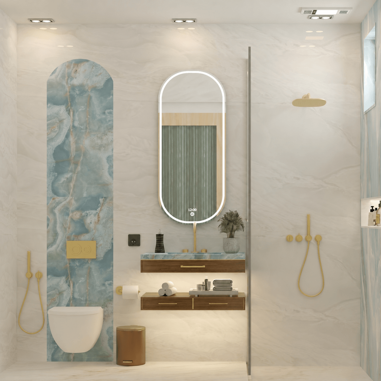 Earthy bathroom featuring terracotta tiles and a freestanding tub