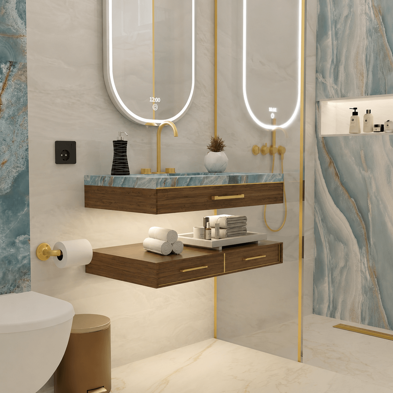 Modern powder room with terrazzo vanity and circular backlit mirror