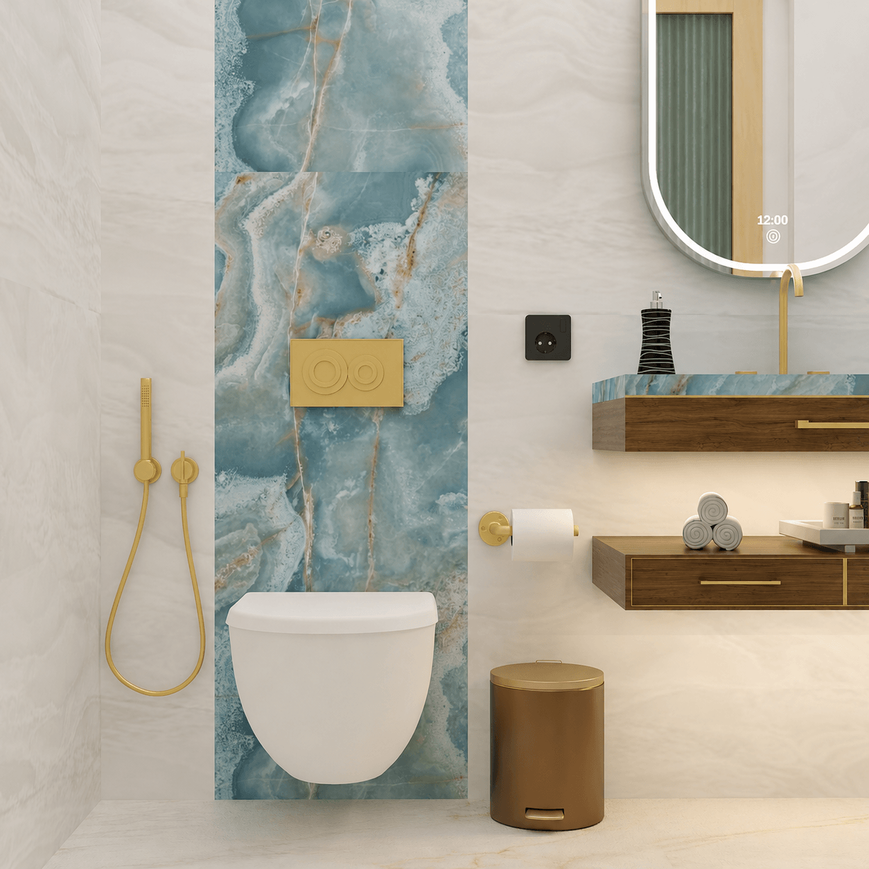 Classic Kerala style bathroom with teak louvers and slate tiles
