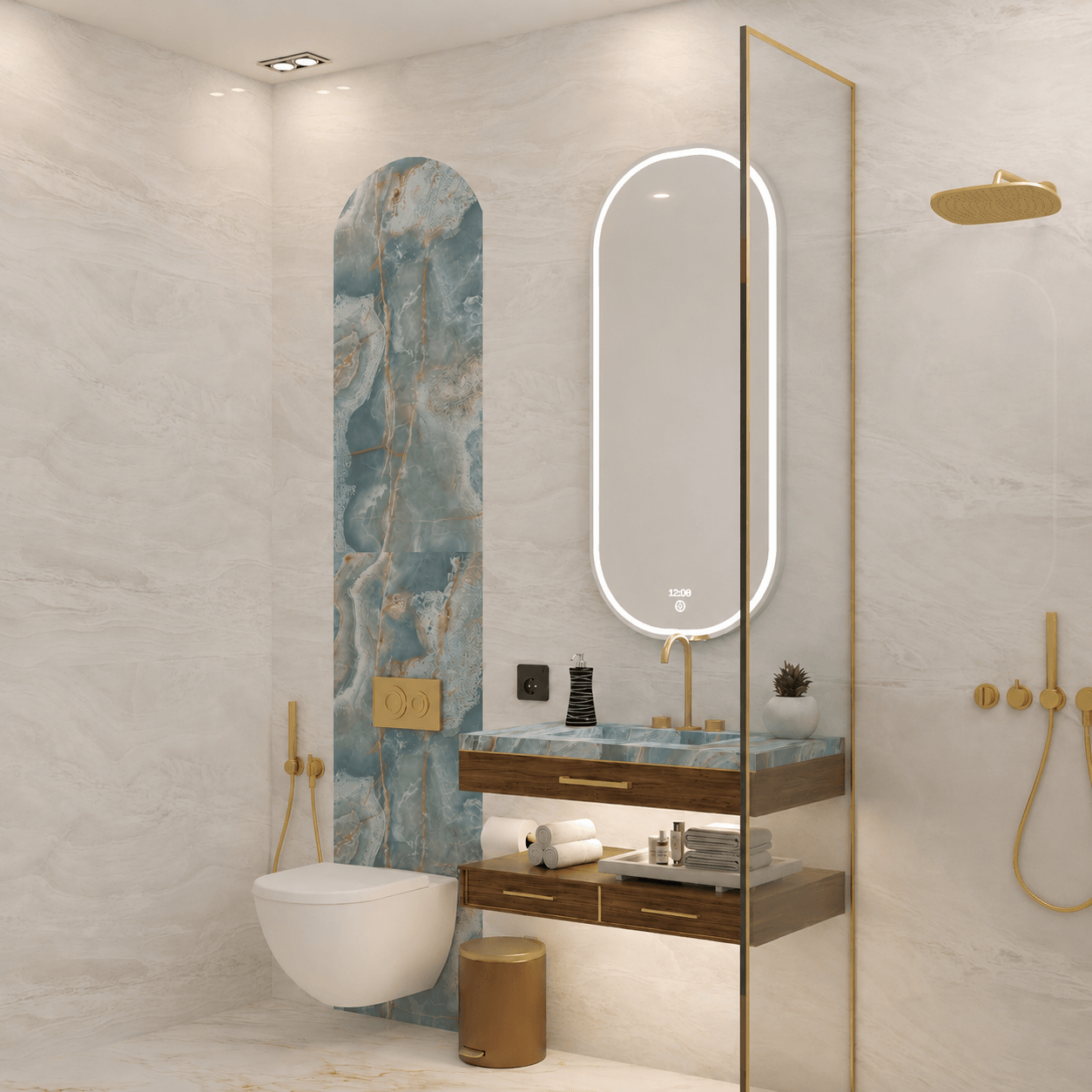 Minimalist bathroom with concrete-finish walls and a floating oak vanity
