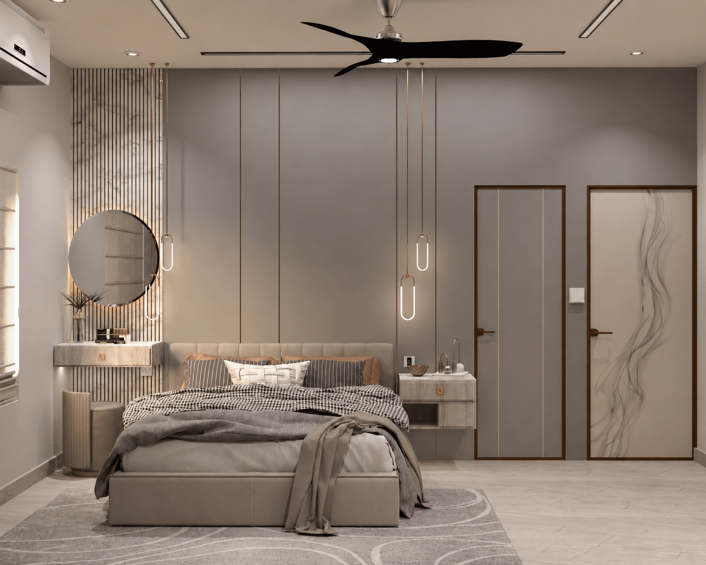 Cozy bedroom with warm neutral linens and a woven rattan headboard