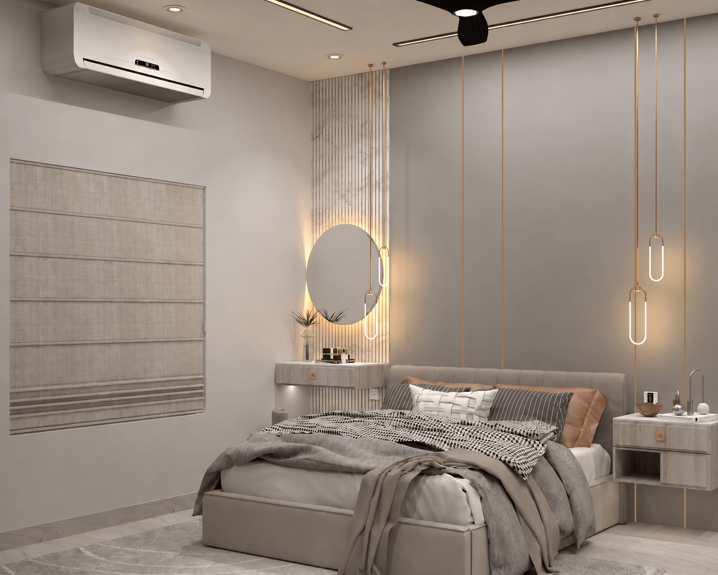 Elegant master bedroom with fluted wall panels and upholstered bed