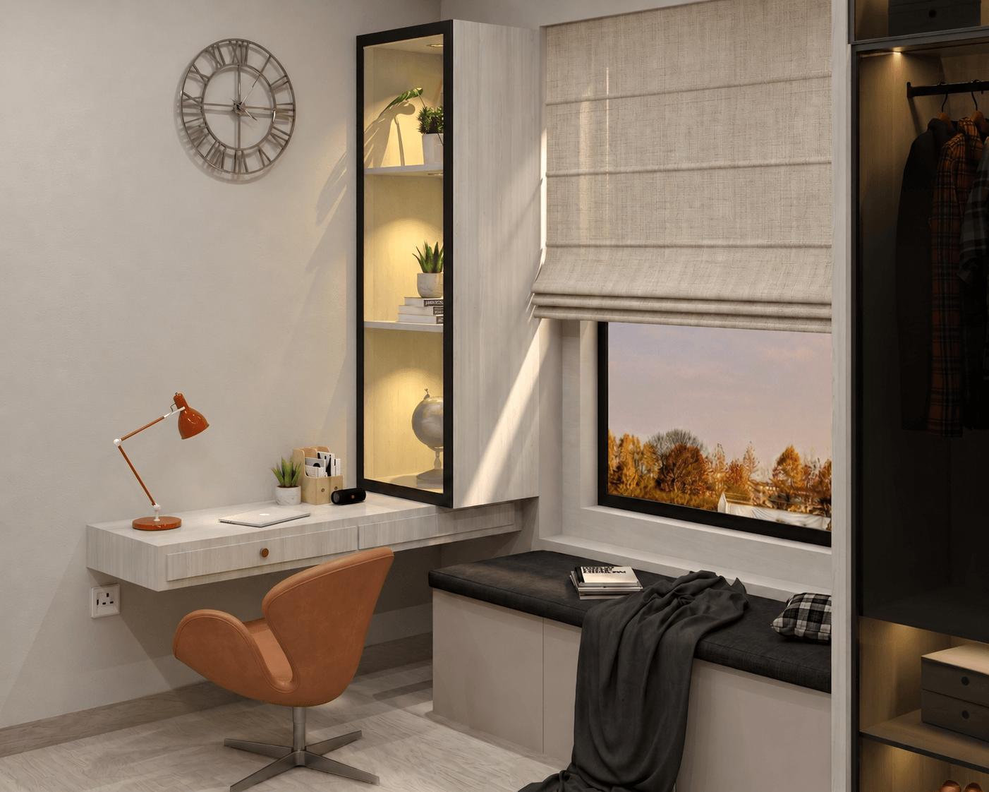 Modern guest bedroom with olive green accent wall and brass fixtures