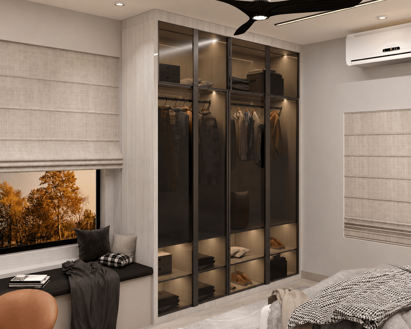 Large bedroom suite with warm oak finishes and lounge area seating
