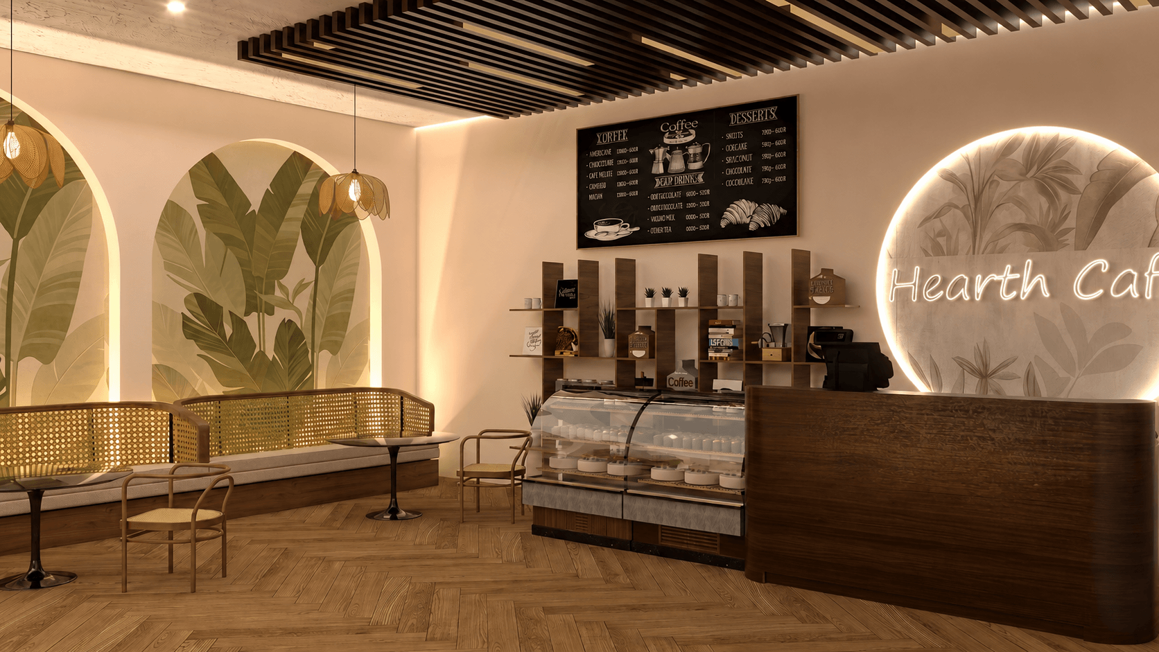 Hearth Cafe reception espresso bar with a teakwood counter and arched shelving