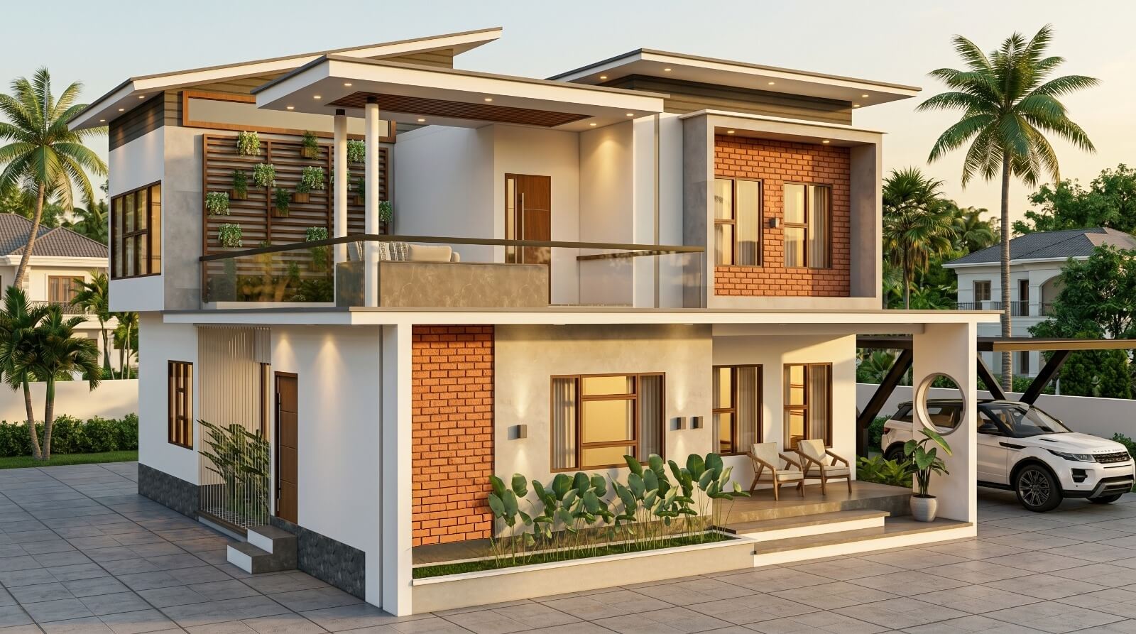 Modern Kerala villa with exposed brick facade, vertical garden balcony and covered porch