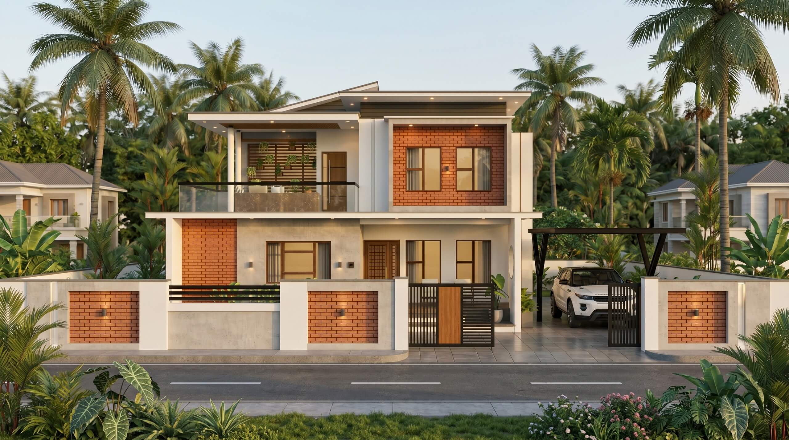 Street-front elevation of a Kerala home with brick compound wall and palm-lined driveway