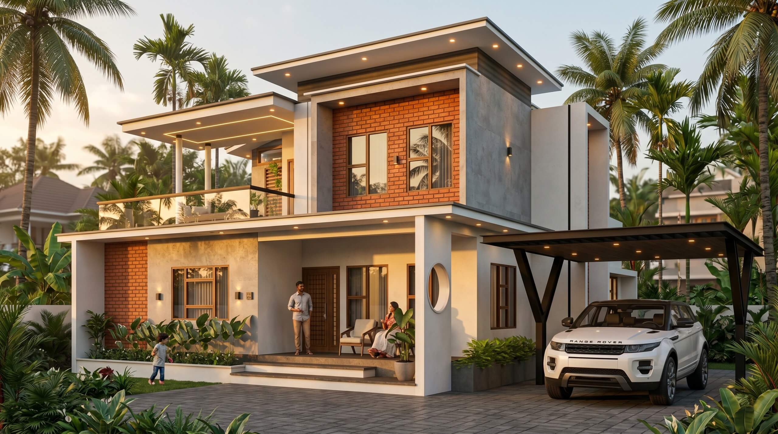 Kerala family home at dusk with warm lighting, open verandah and steel carport