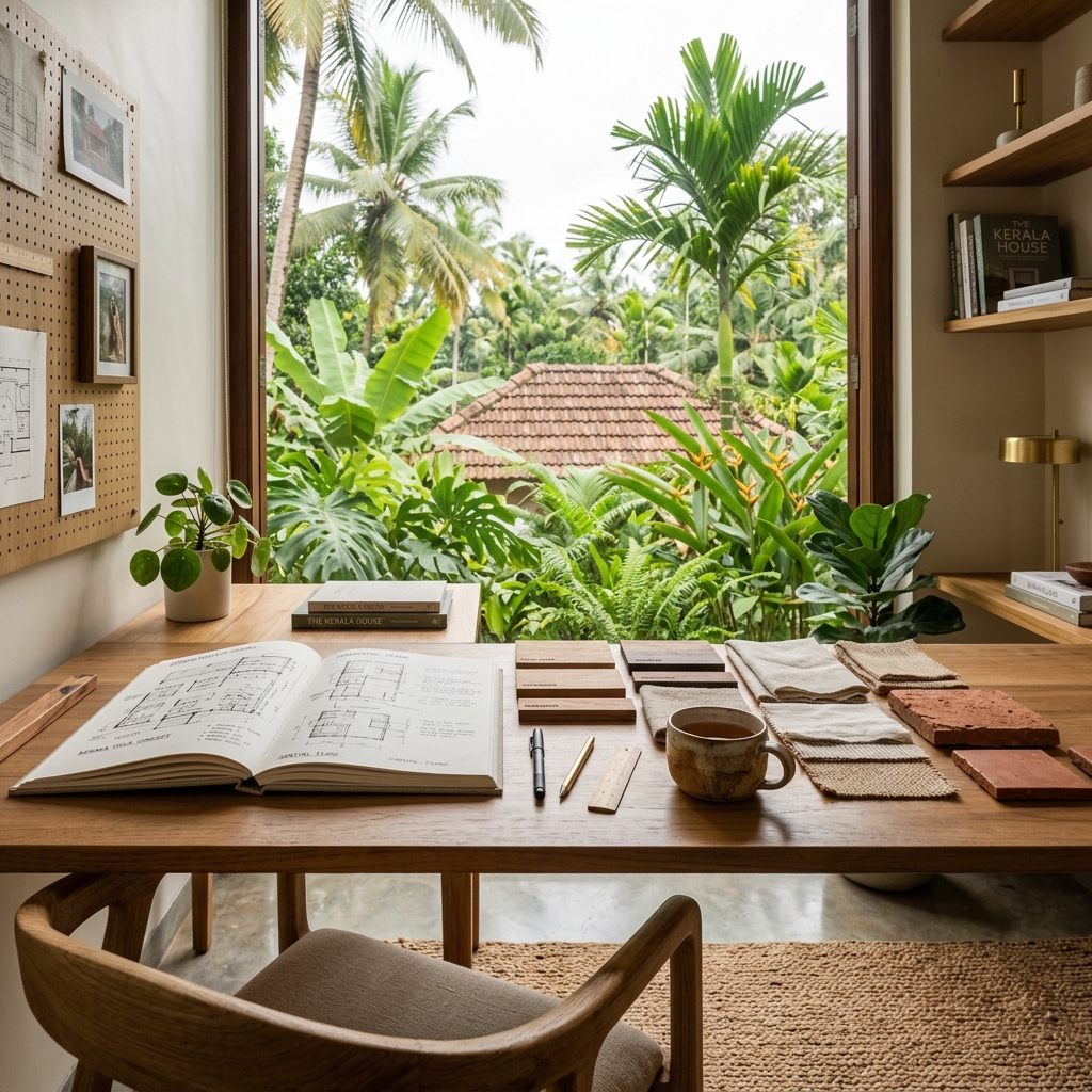 Interior and exterior designer workspace with design drawings and tropical foliage outside the window