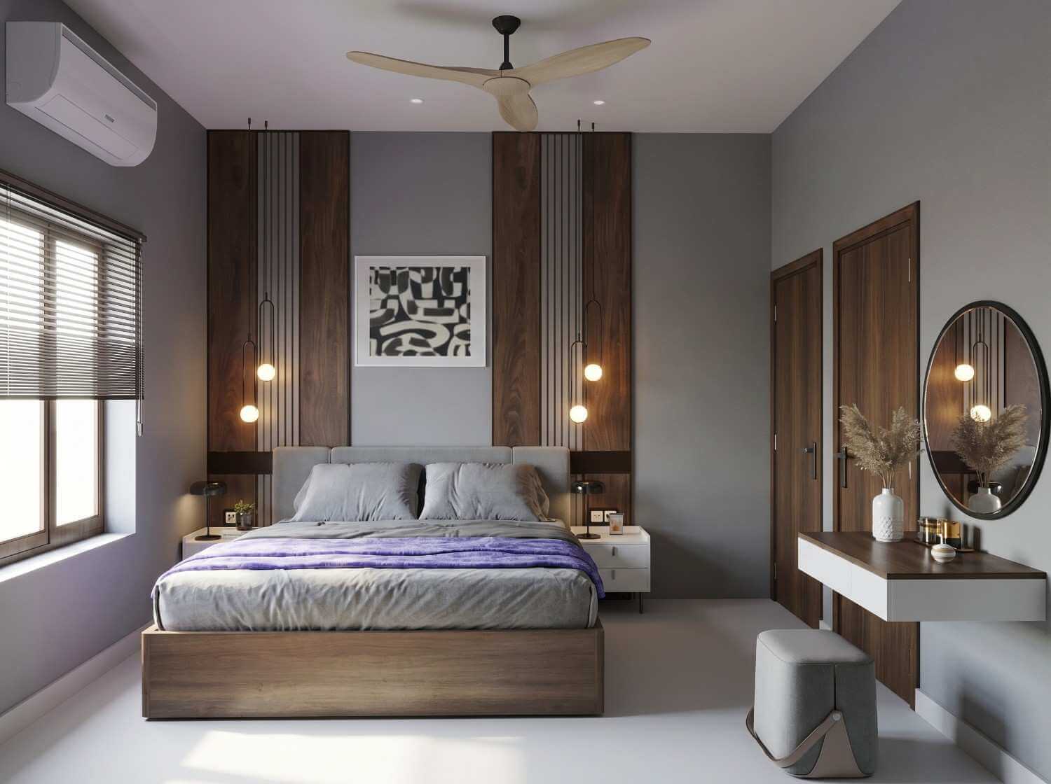 Master bedroom with wood panel feature wall and pendant lighting