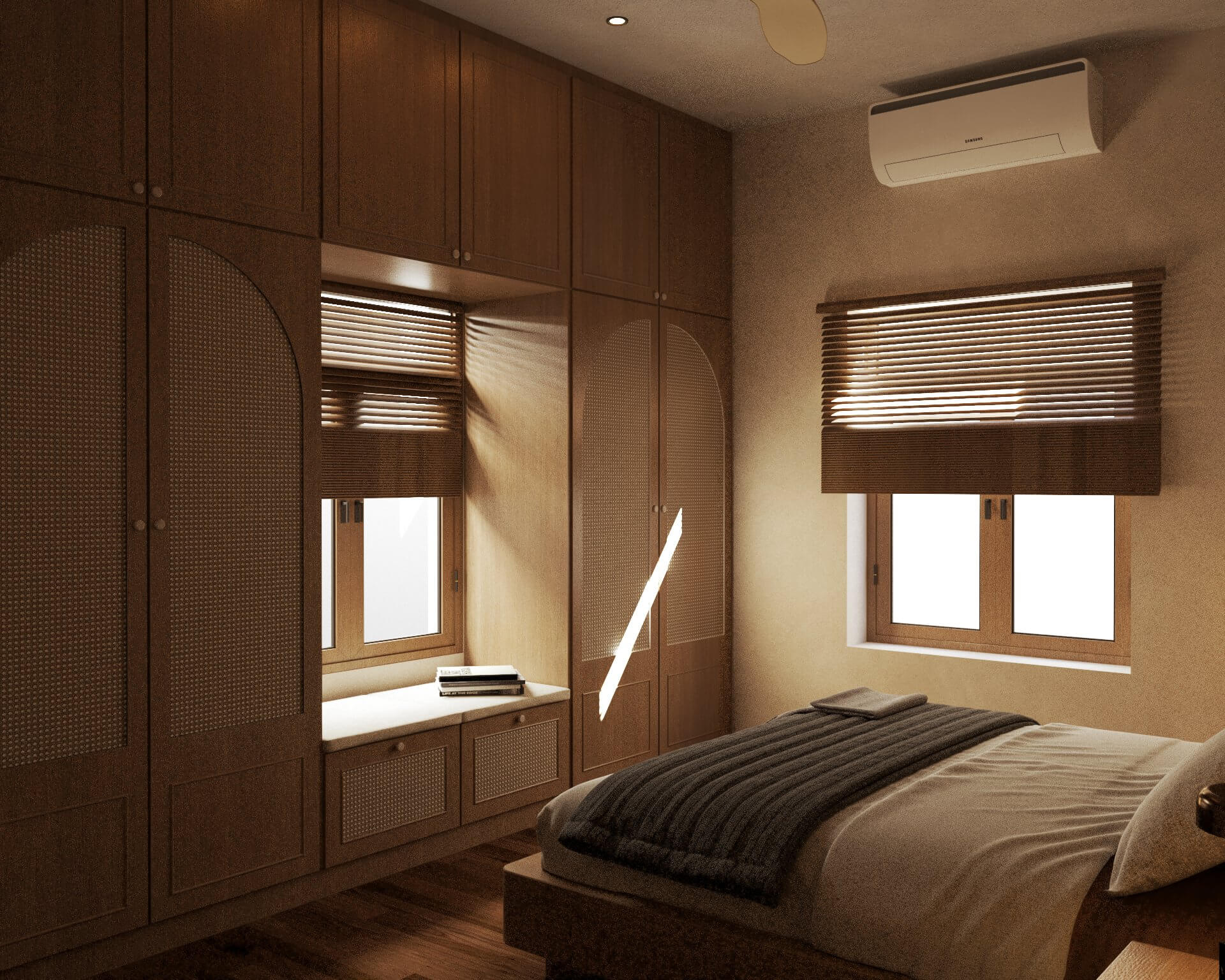 Japandi bedroom with warm timber tones and cane wardrobe details
