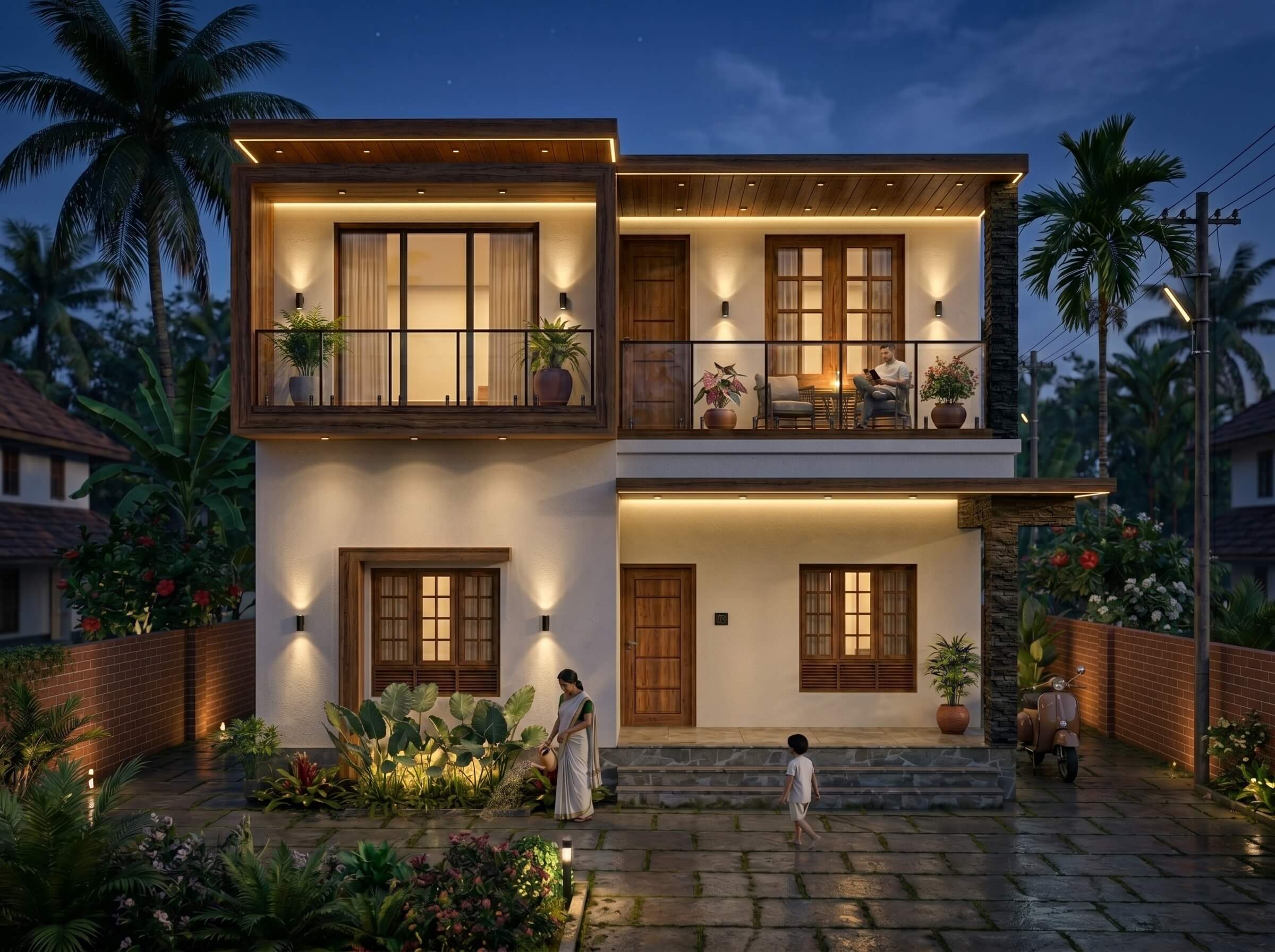 Kerala home night view with warm facade lighting