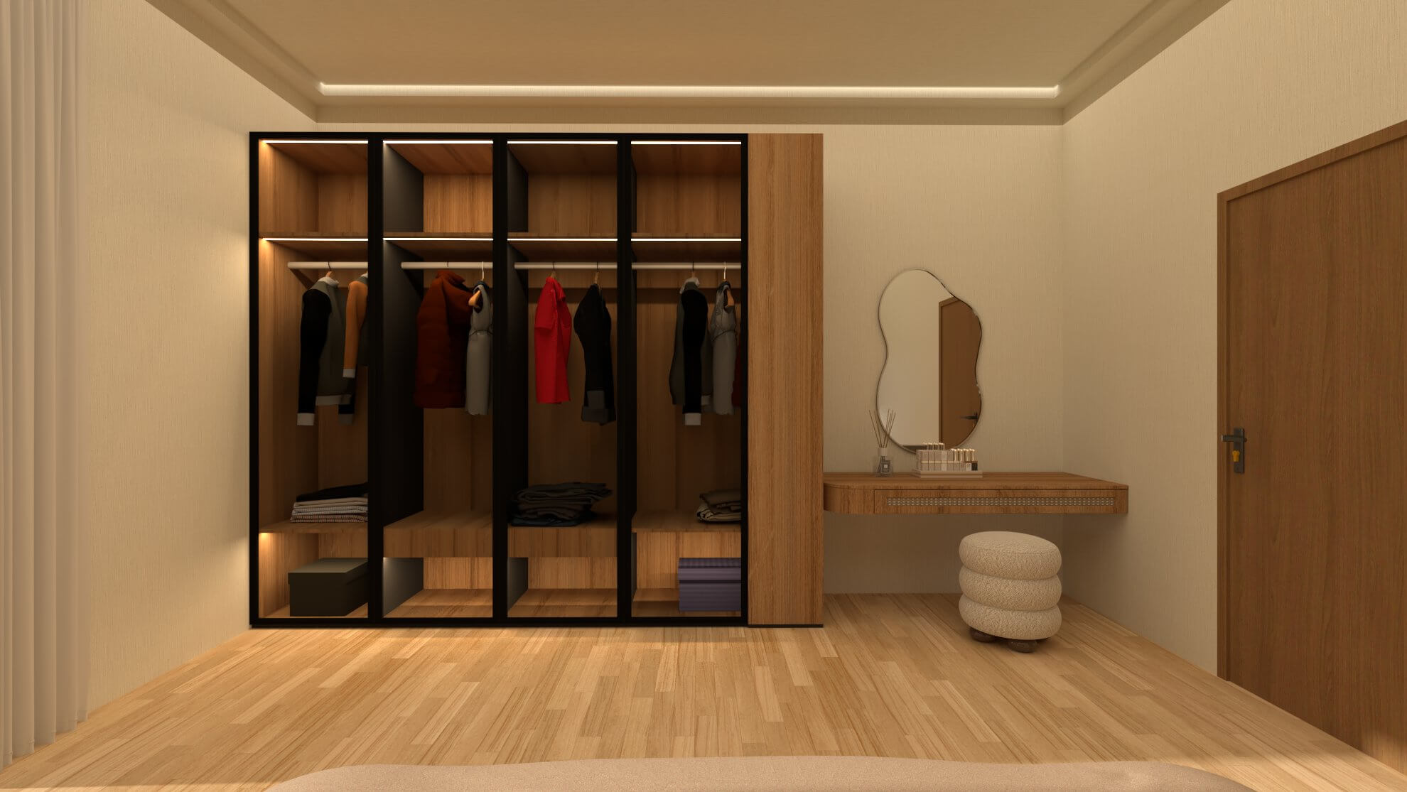 Walk-in wardrobe with glass-front cabinets and floating vanity