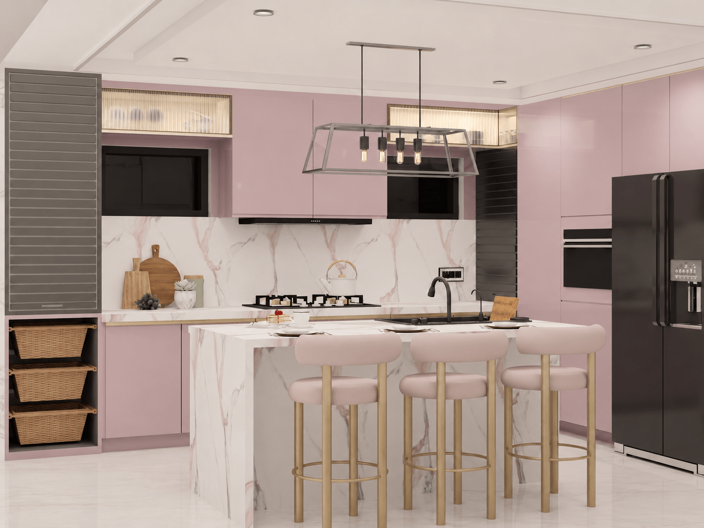 Modern kitchen with warm teakwood cabinets and quartz countertops