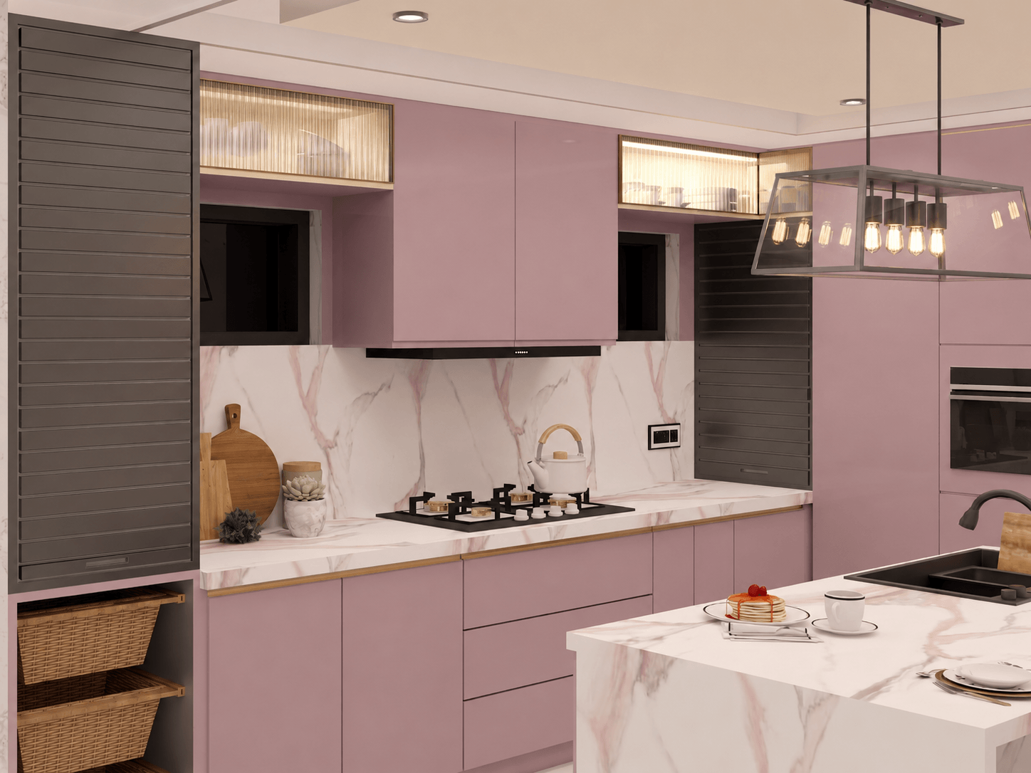 Minimalist kitchen with clay-toned cabinets and open shelving