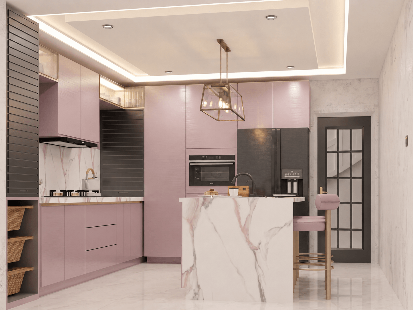 Earthy contemporary kitchen featuring fluted wood details and a breakfast bar