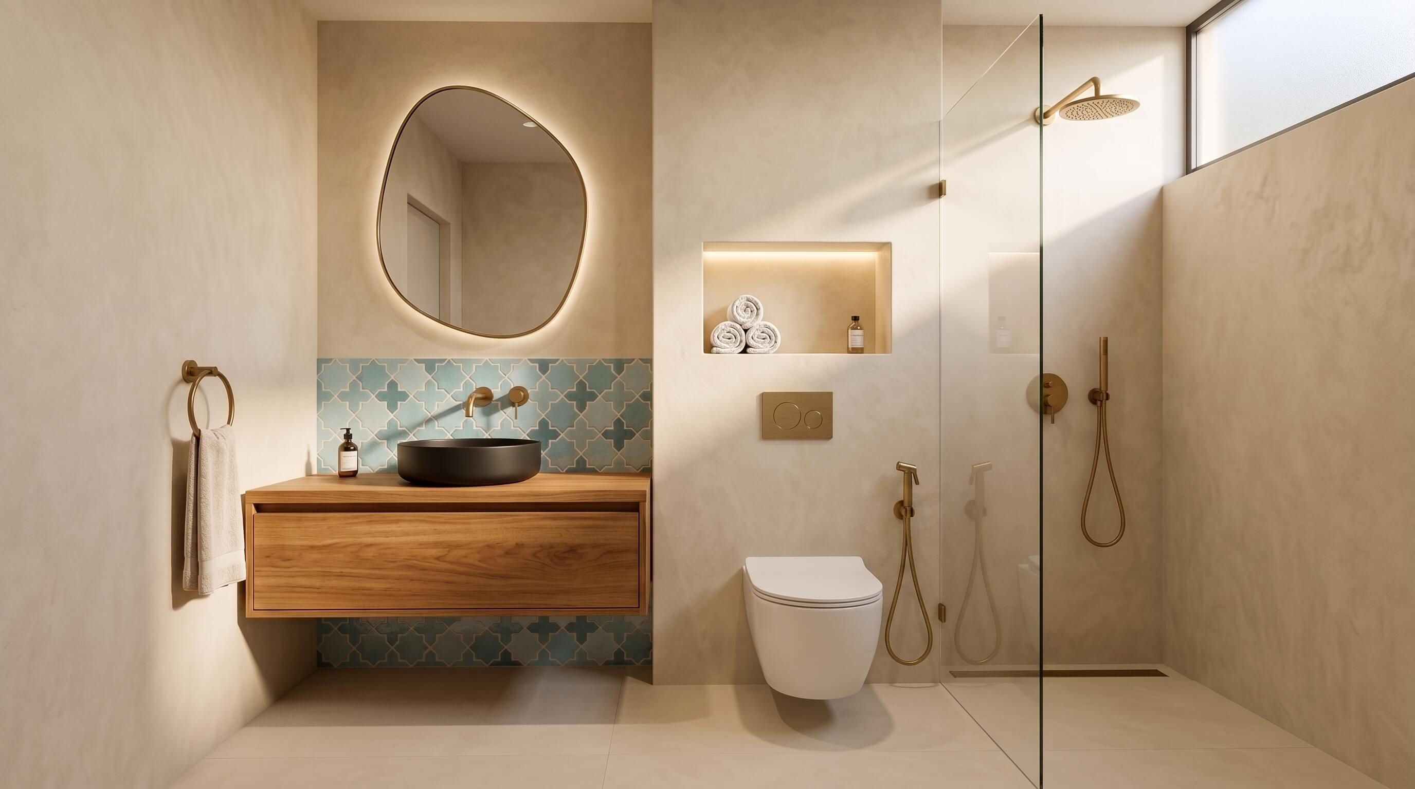 Modern bathroom vanity with white sink and grey stone-textured wall