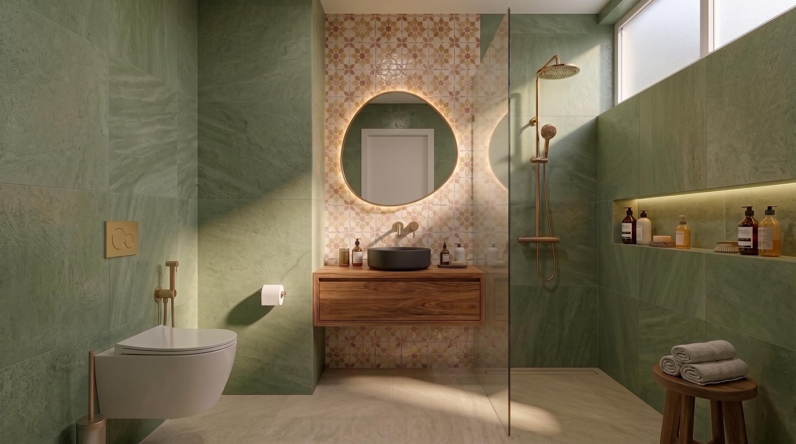 Bathroom shower area with dark grey slate tiles and rain shower