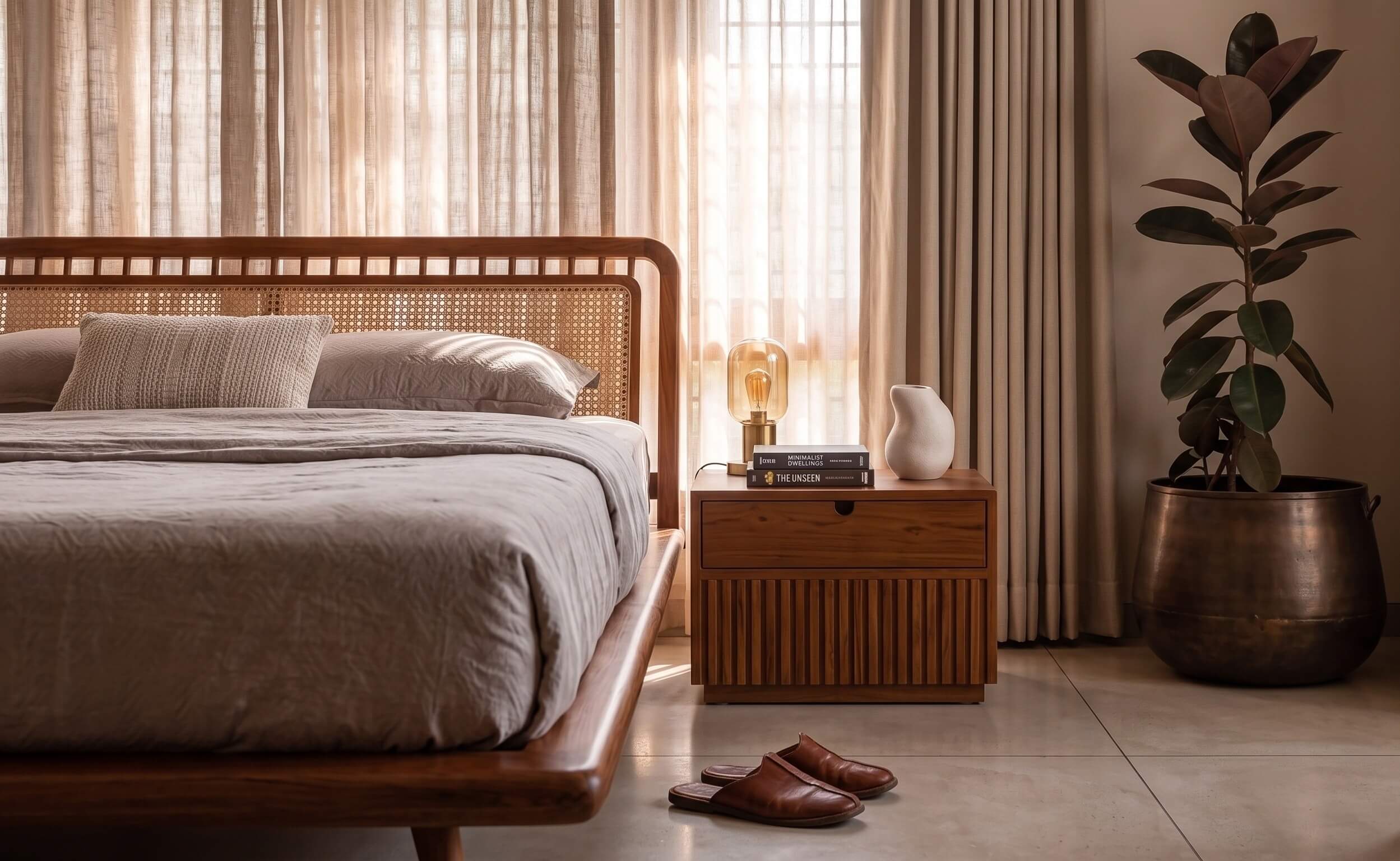 Close-up bedside view with warm timber headboard and nightstand lamp