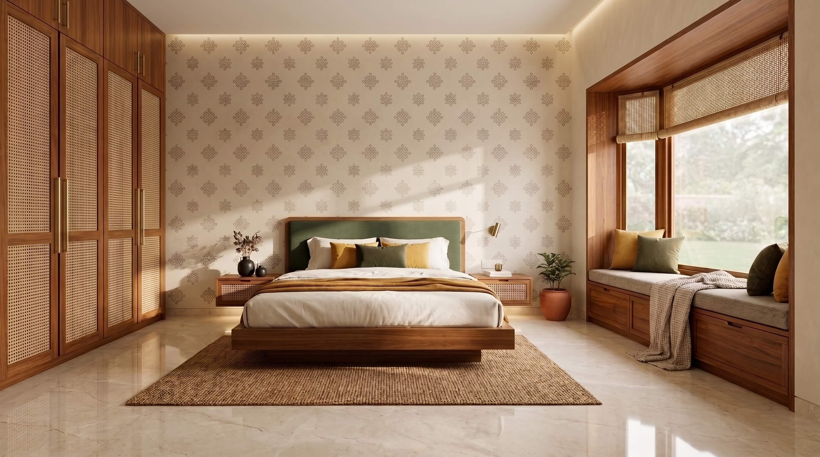 Spacious modern bedroom with light wooden paneling and large windows