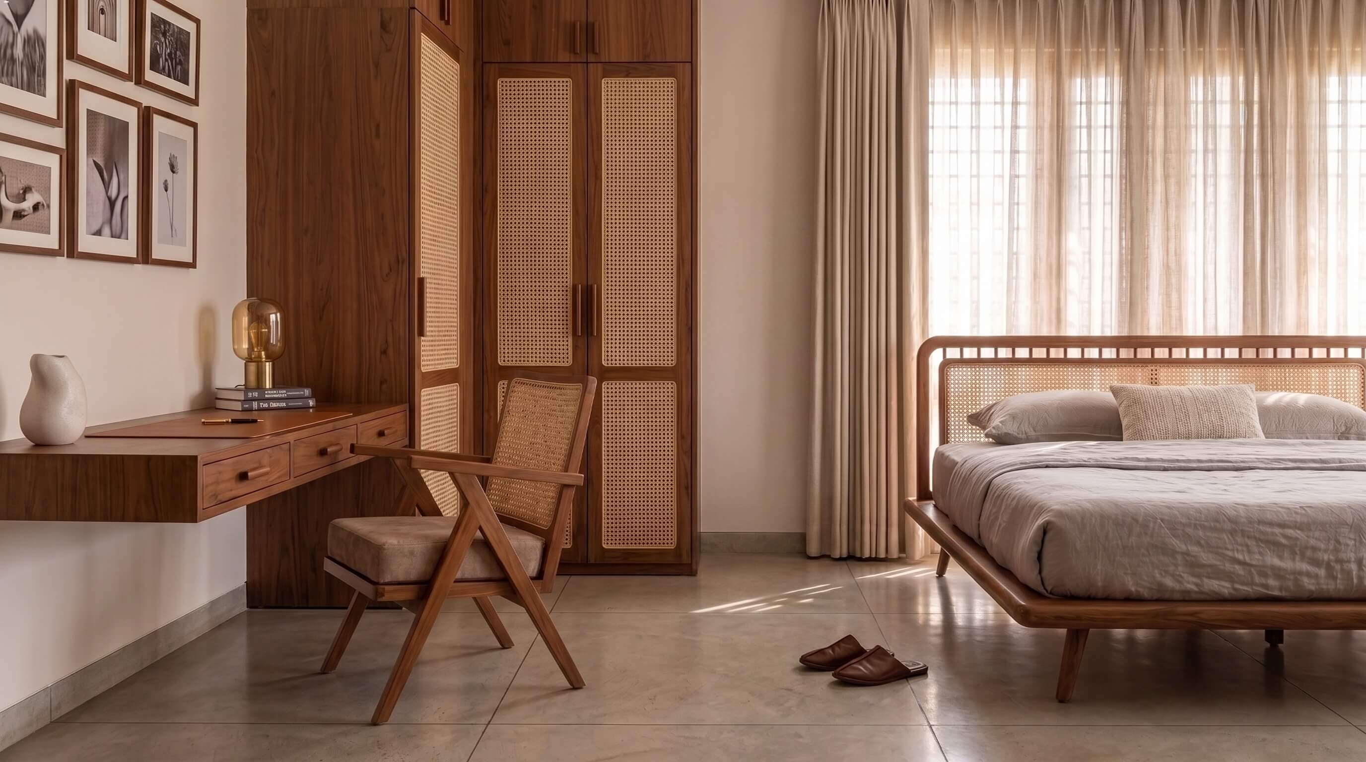Bedroom with wooden wardrobe and study console