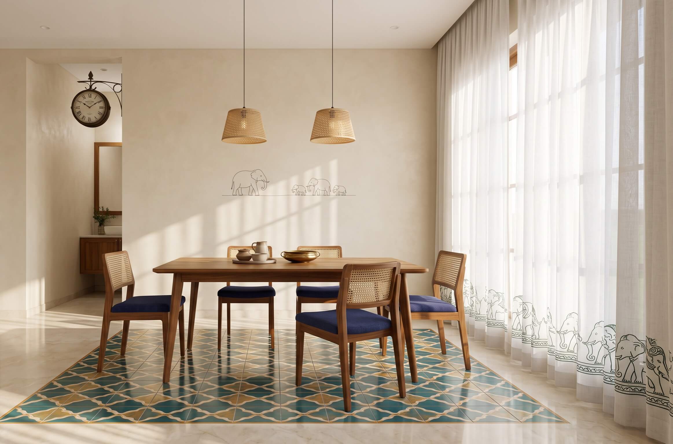 Minimalist dining space with teak dining table and vertical wood screen