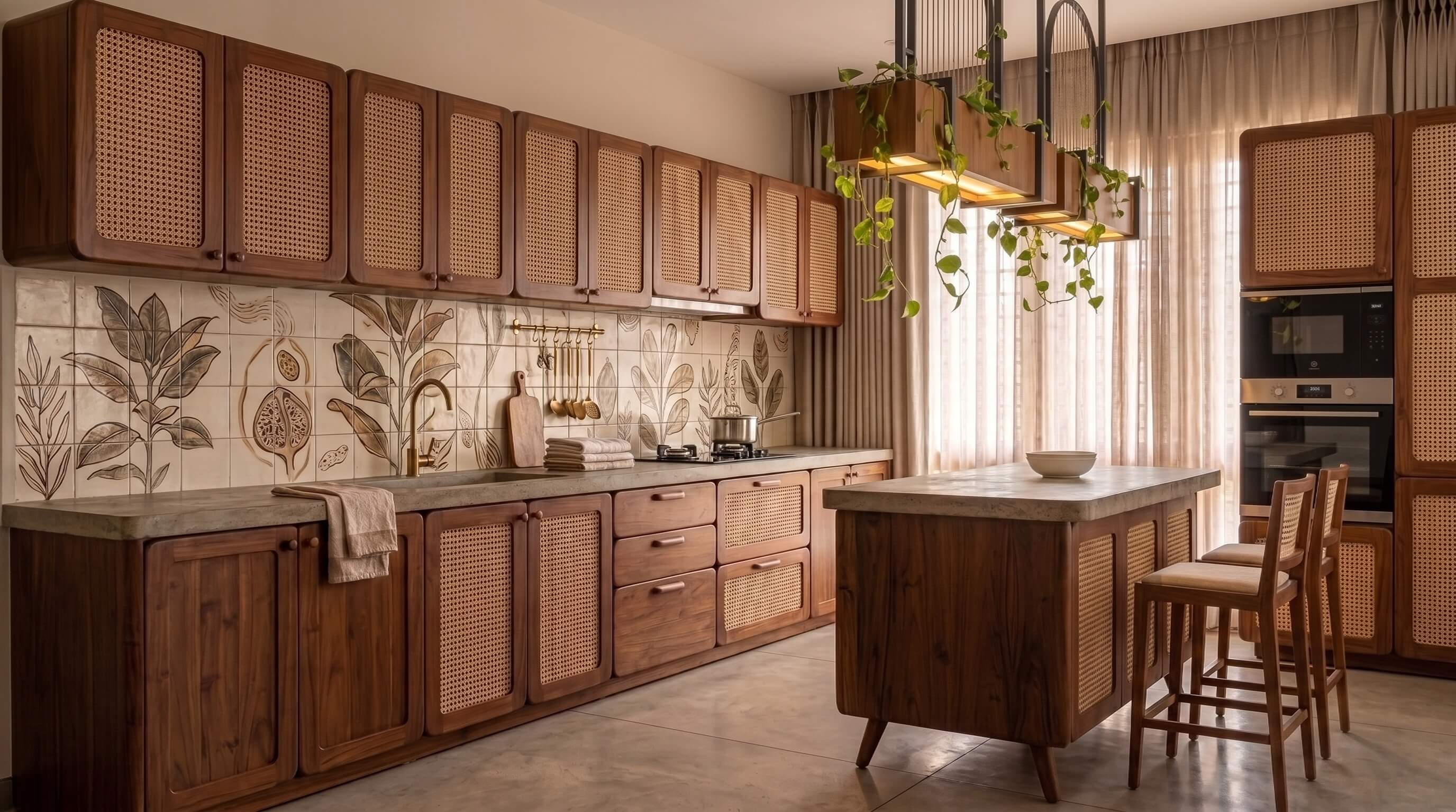 Modern kitchen with warm wooden ceiling and curtain-framed window