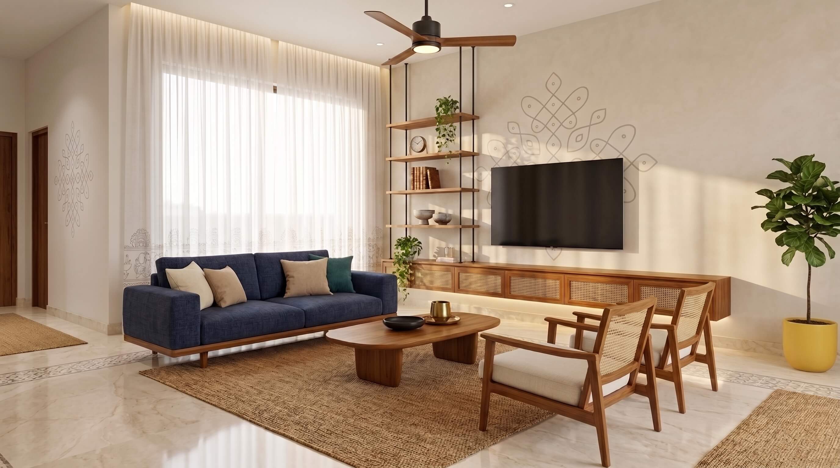 Spacious ground floor living room with L-shaped couch and garden view