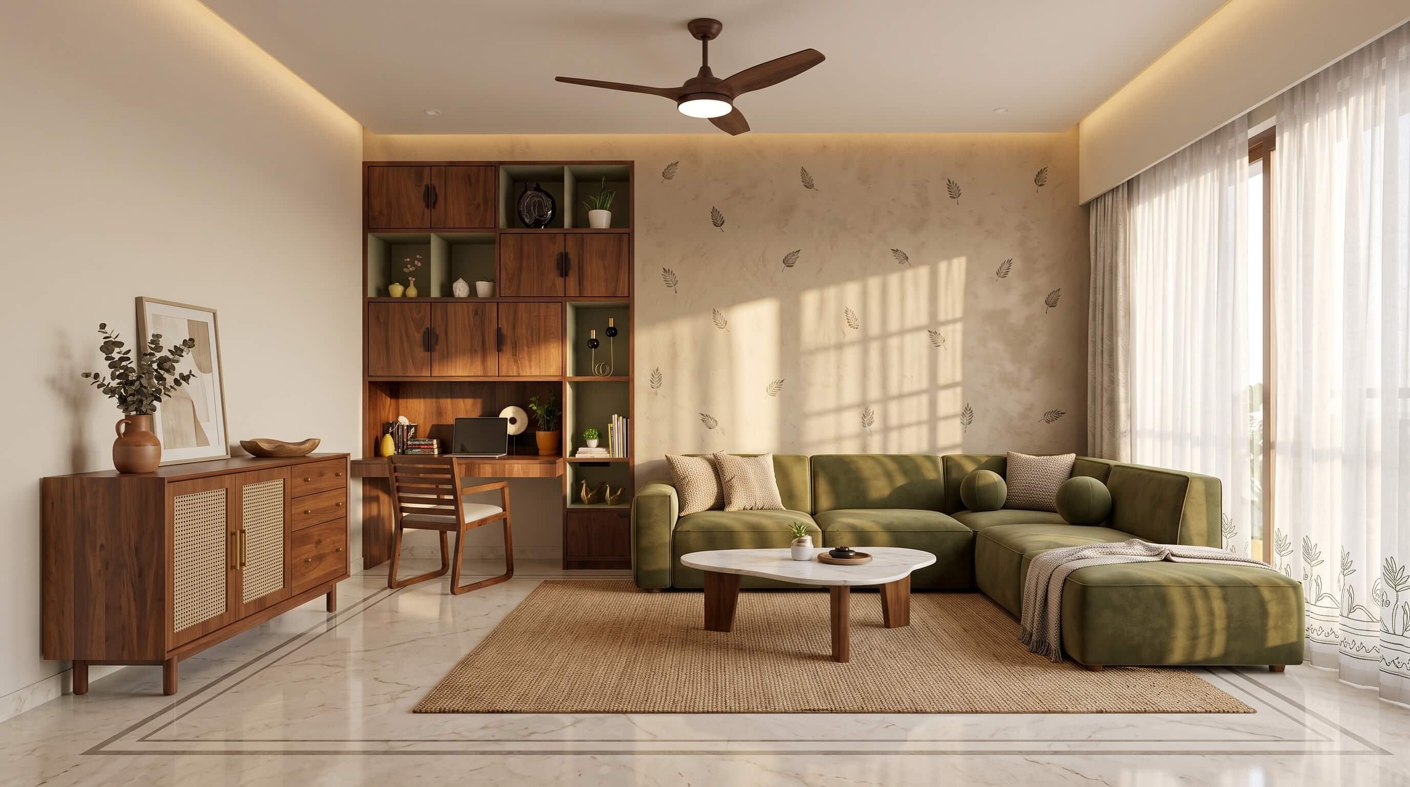 Japandi style living room with light wooden furniture and warm atmosphere