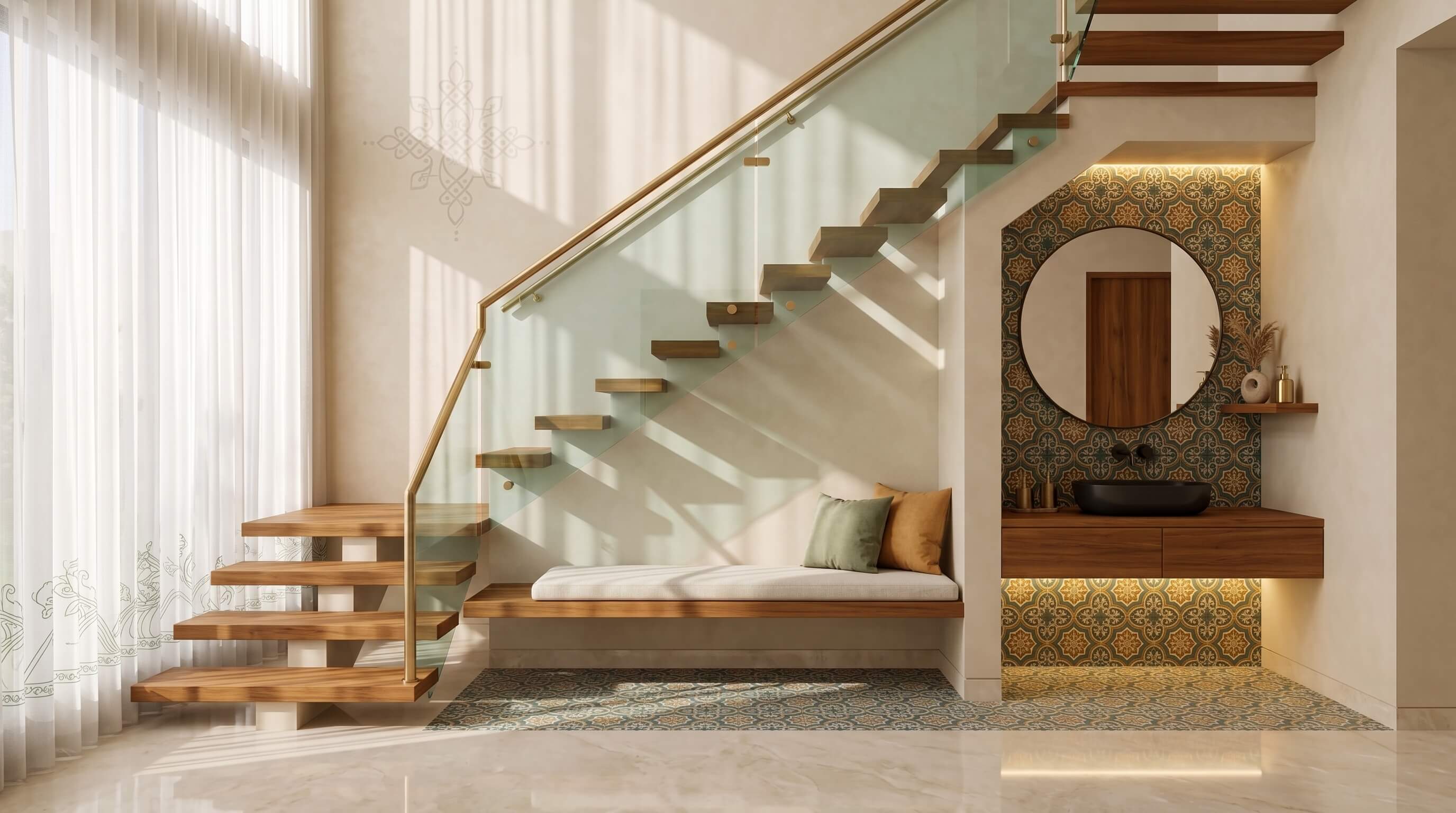 Modern wooden staircase with black handrail ascending upwards