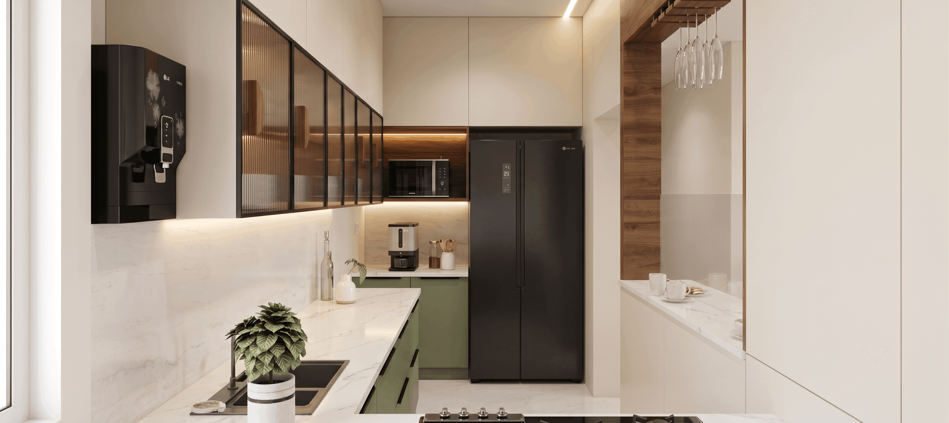 Kitchen fridge wall with full-height storage and warm wood cabinetry