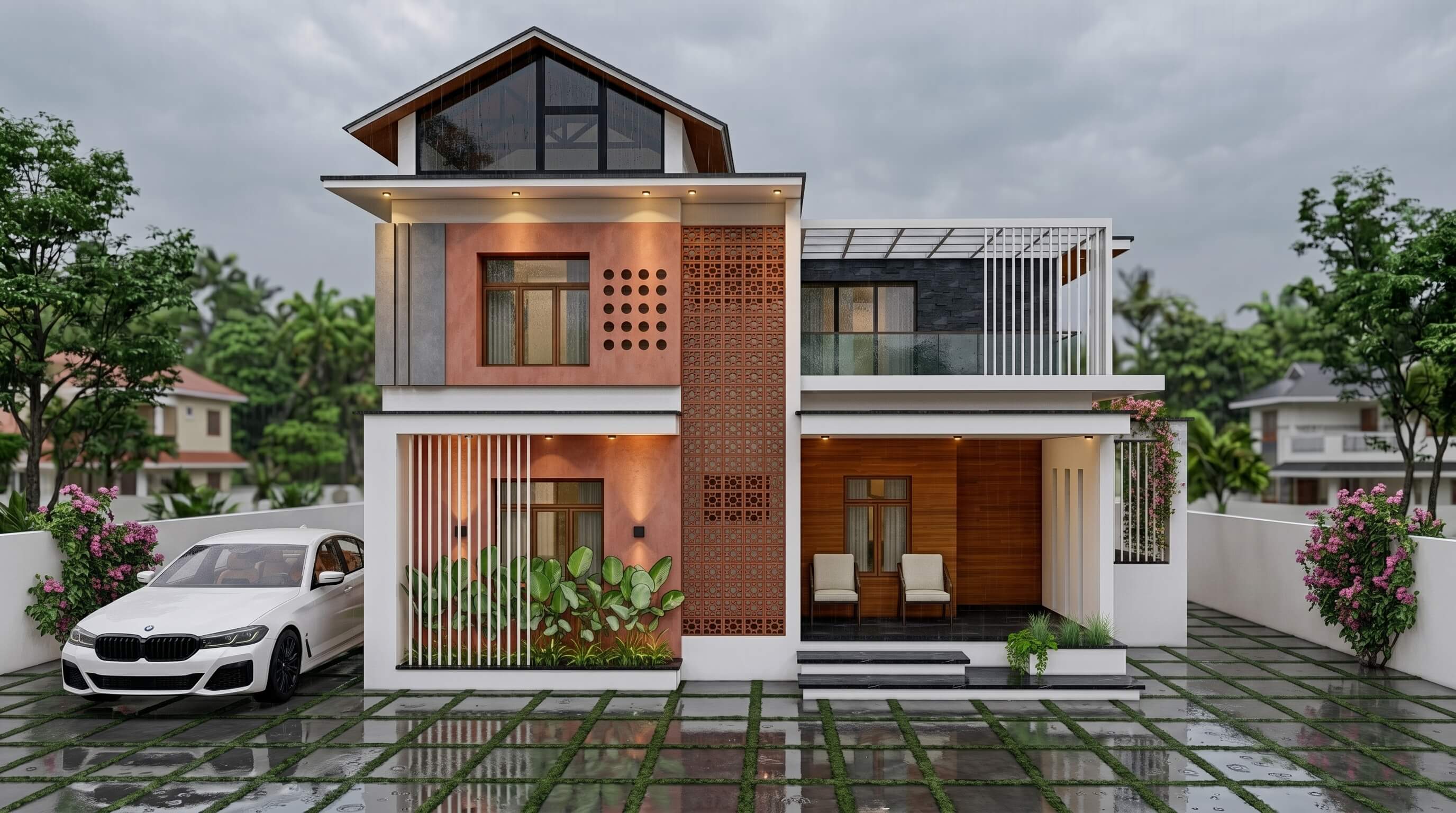 Angled exterior elevation of a Kerala house with sheltered balcony