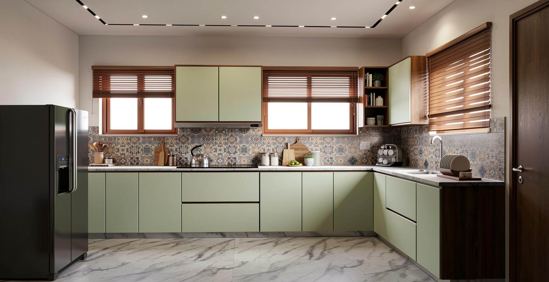Compact modern kitchen with soft neutral finishes and natural light