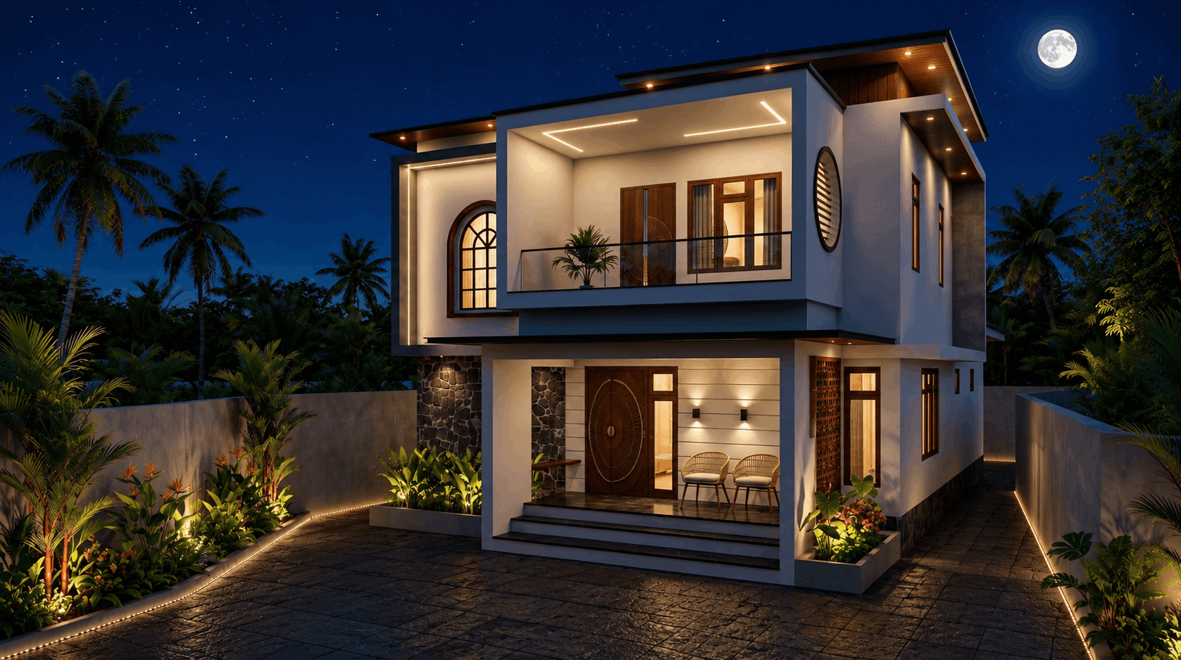 Night entry perspective of a modern Kerala home with lit pathway