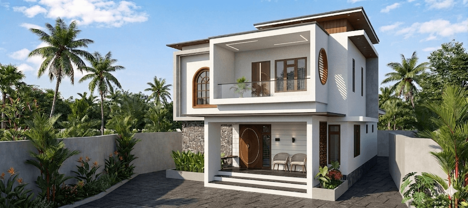New Kerala home facade with layered roof profile and warm lighting
