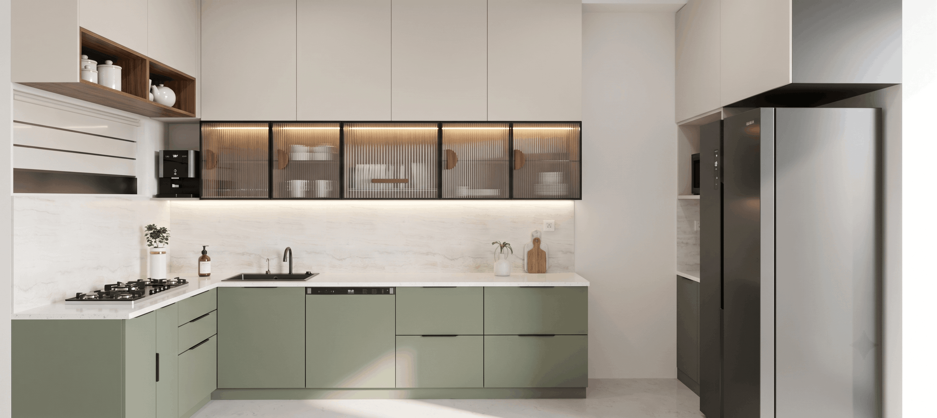 Clean kitchen sink counter with bright worktop and streamlined cabinetry