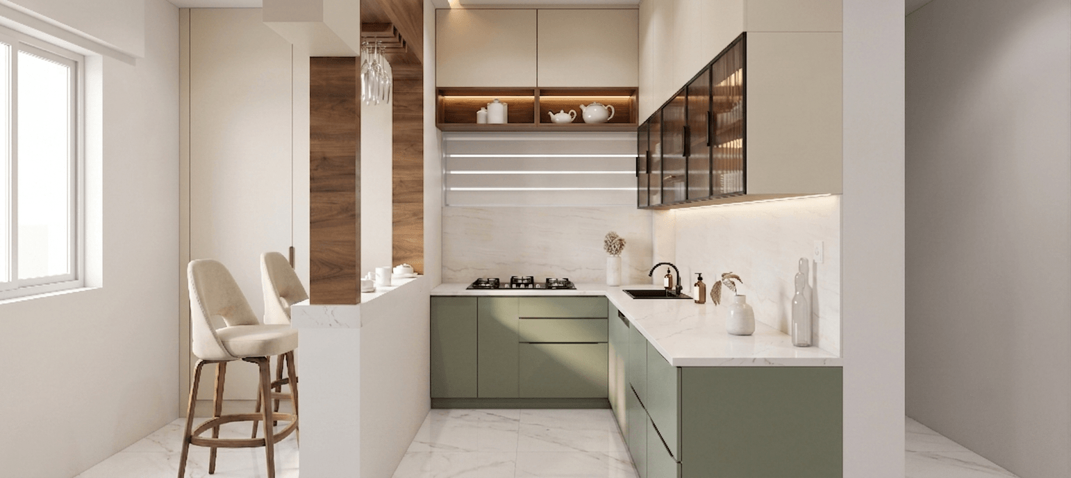Kitchen stove area with warm backsplash and overhead cabinets