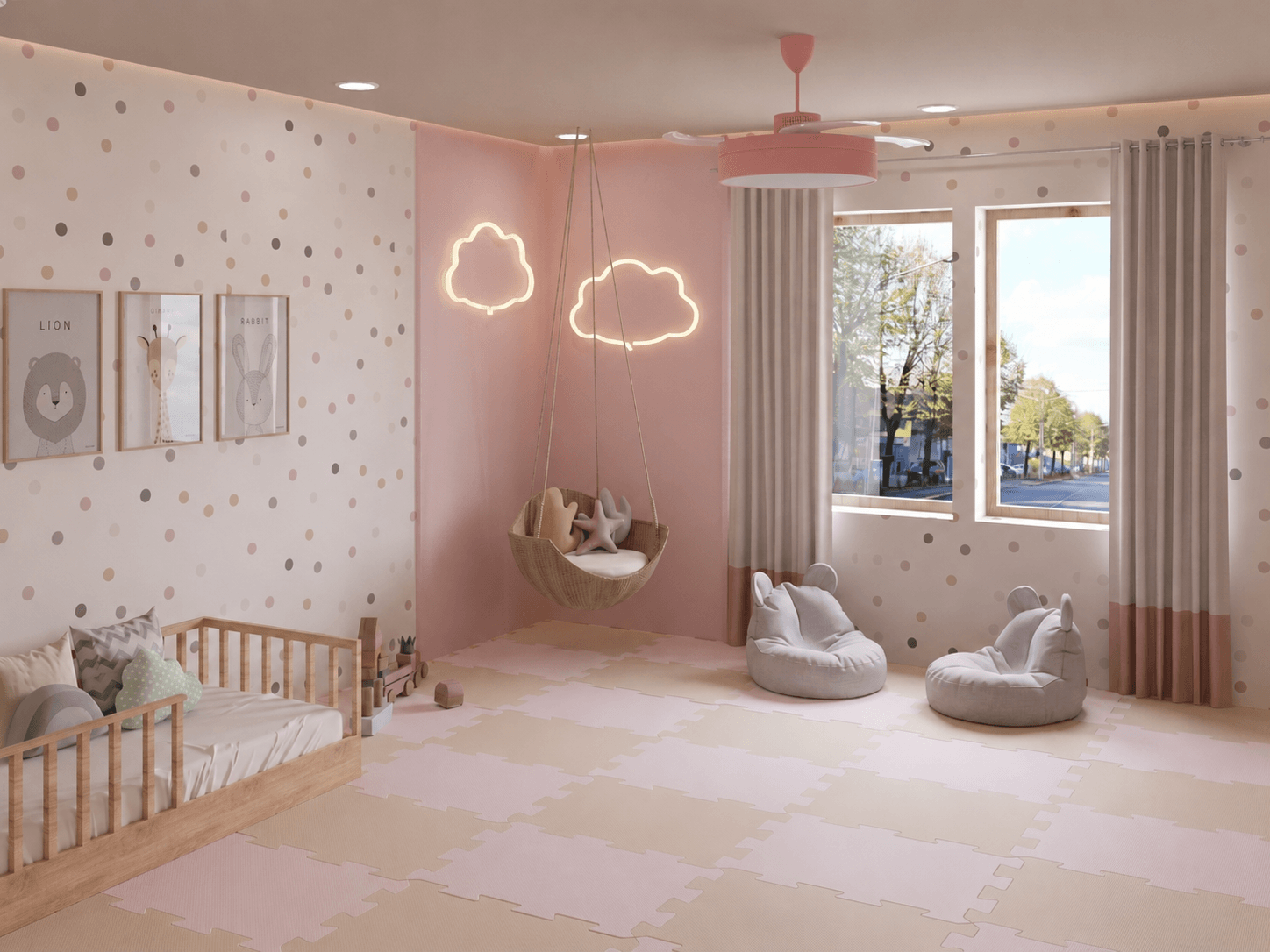 Creative kids playroom with modular toy storage and low activity table