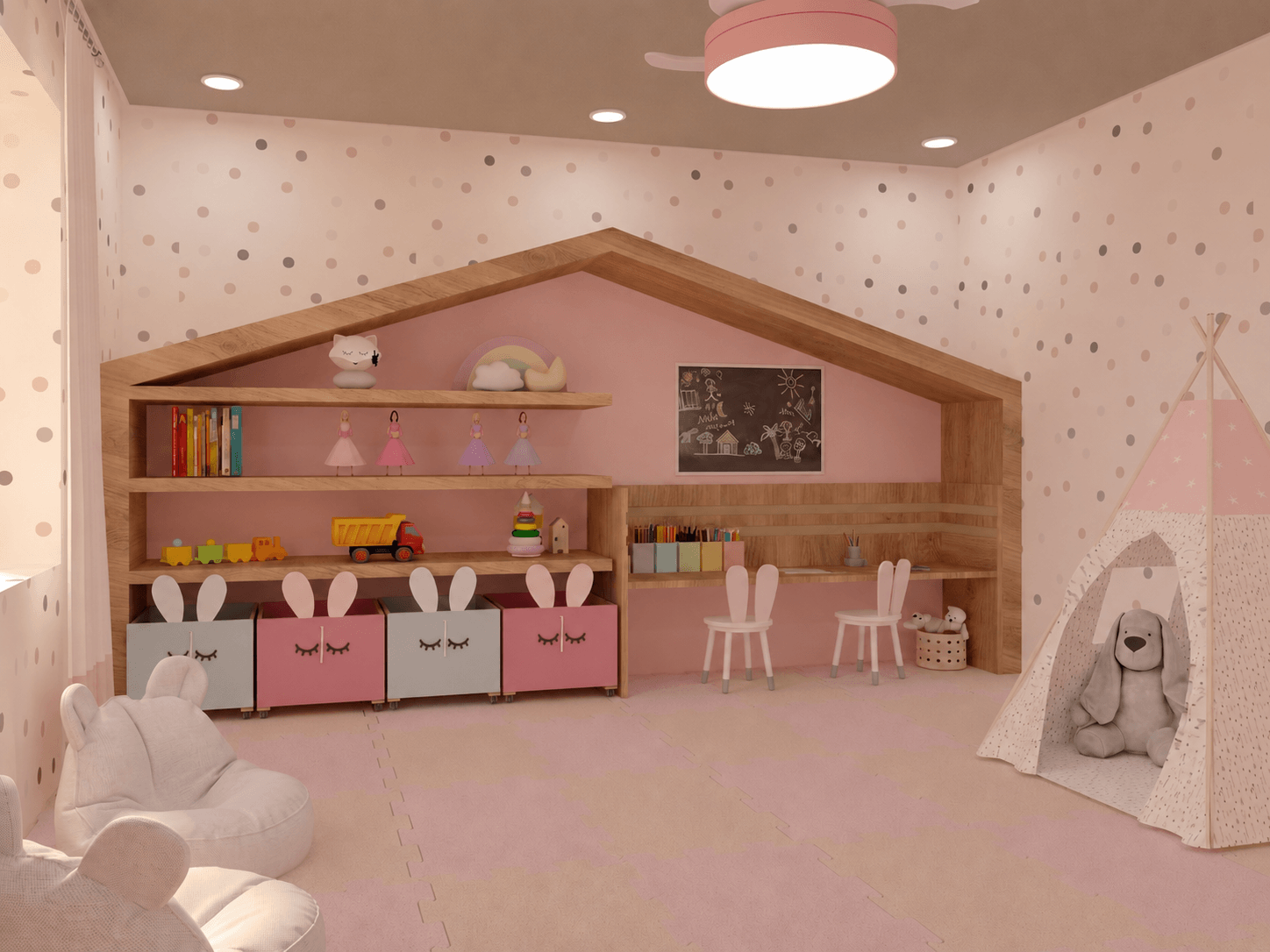 Kids study corner with built-in desk and pastel chalkboard wall