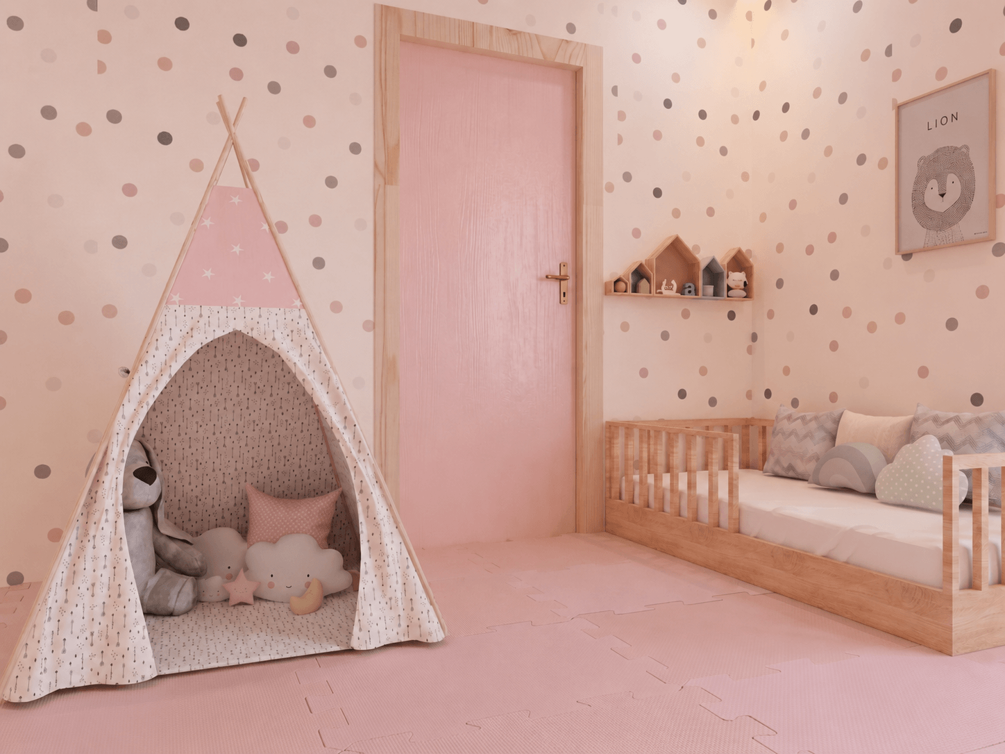 Adventure kids bedroom with a house-shaped floor bed and climbing wall