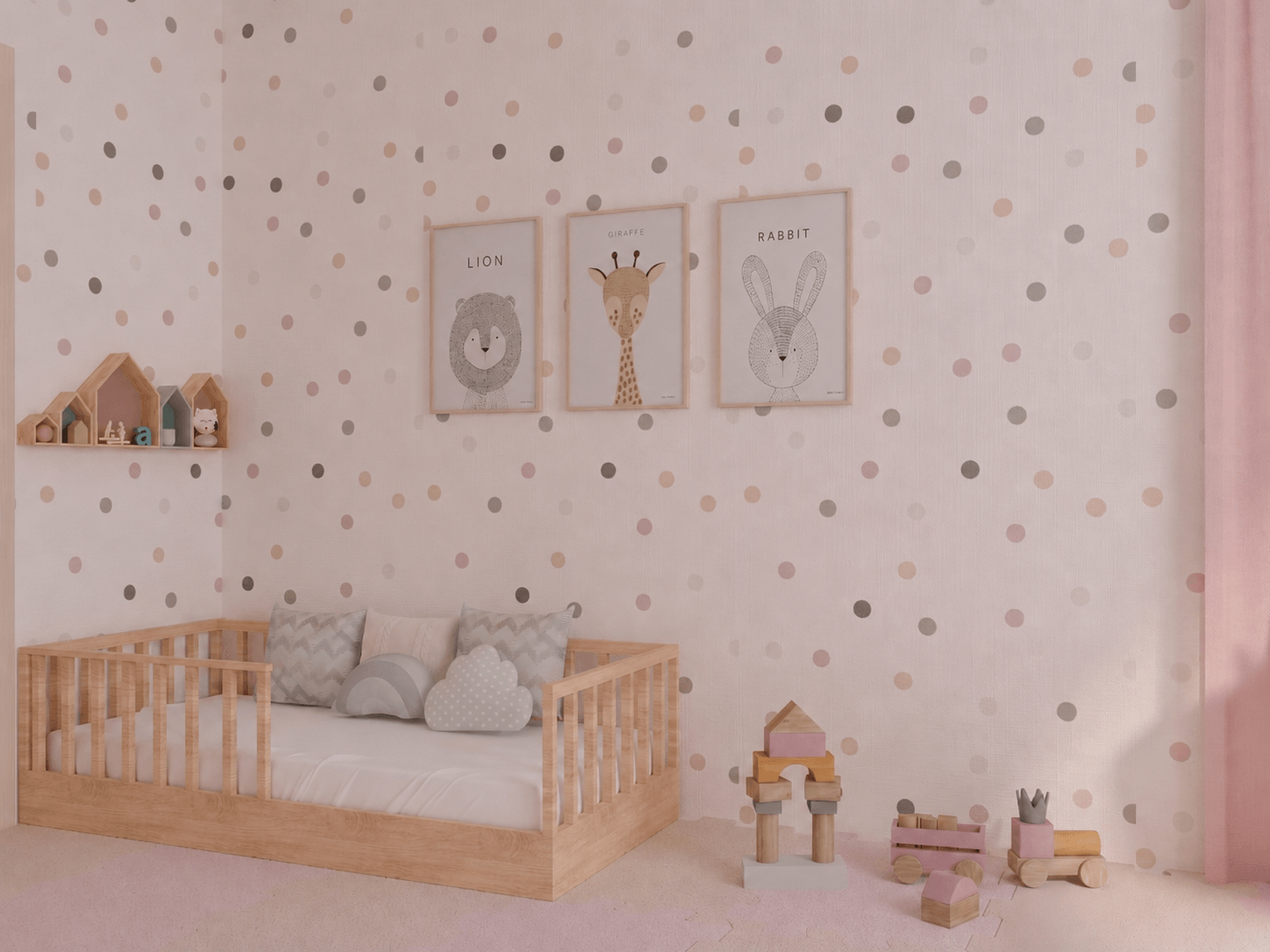 Kids reading corner with a comfortable beanbag and wall-mounted book shelves