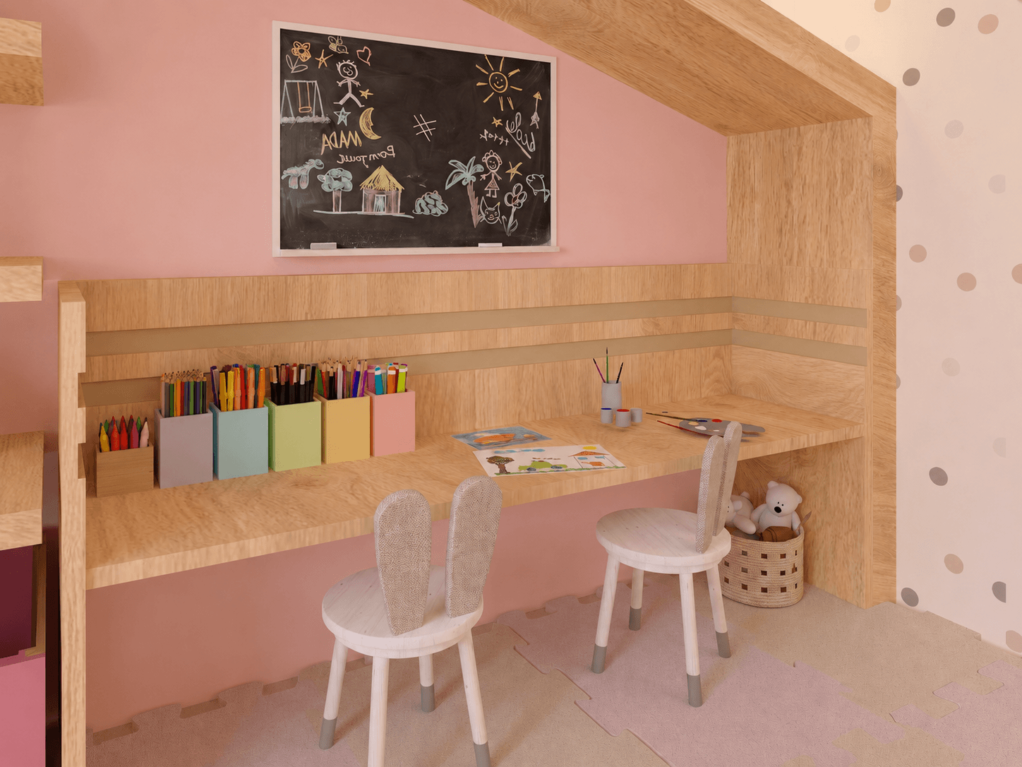 Shared children bedroom with wooden bunk beds and storage stairs