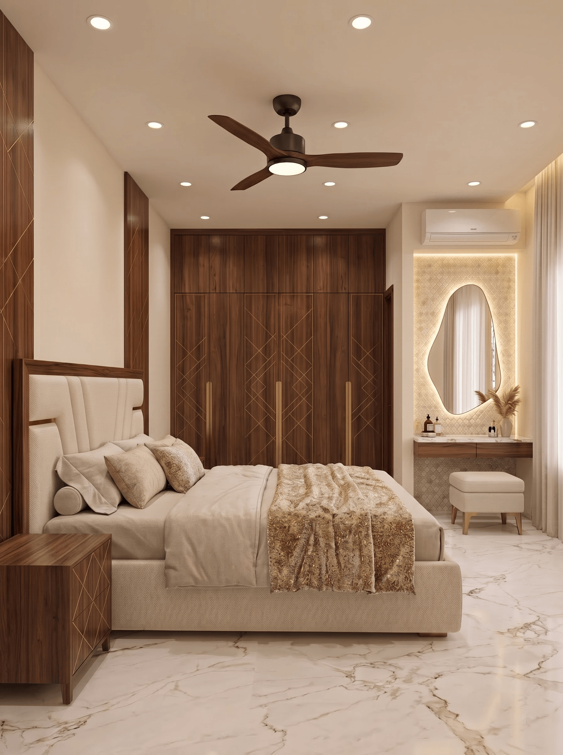 Arabic inspired bedroom with refined finishes and layered details