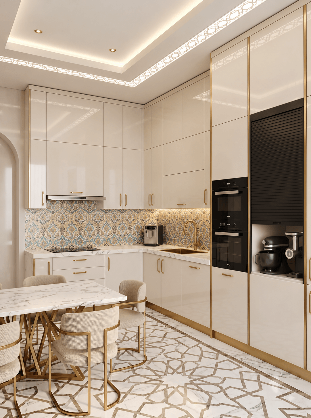 Arabic inspired kitchen with detailed cabinetry and warm finishes