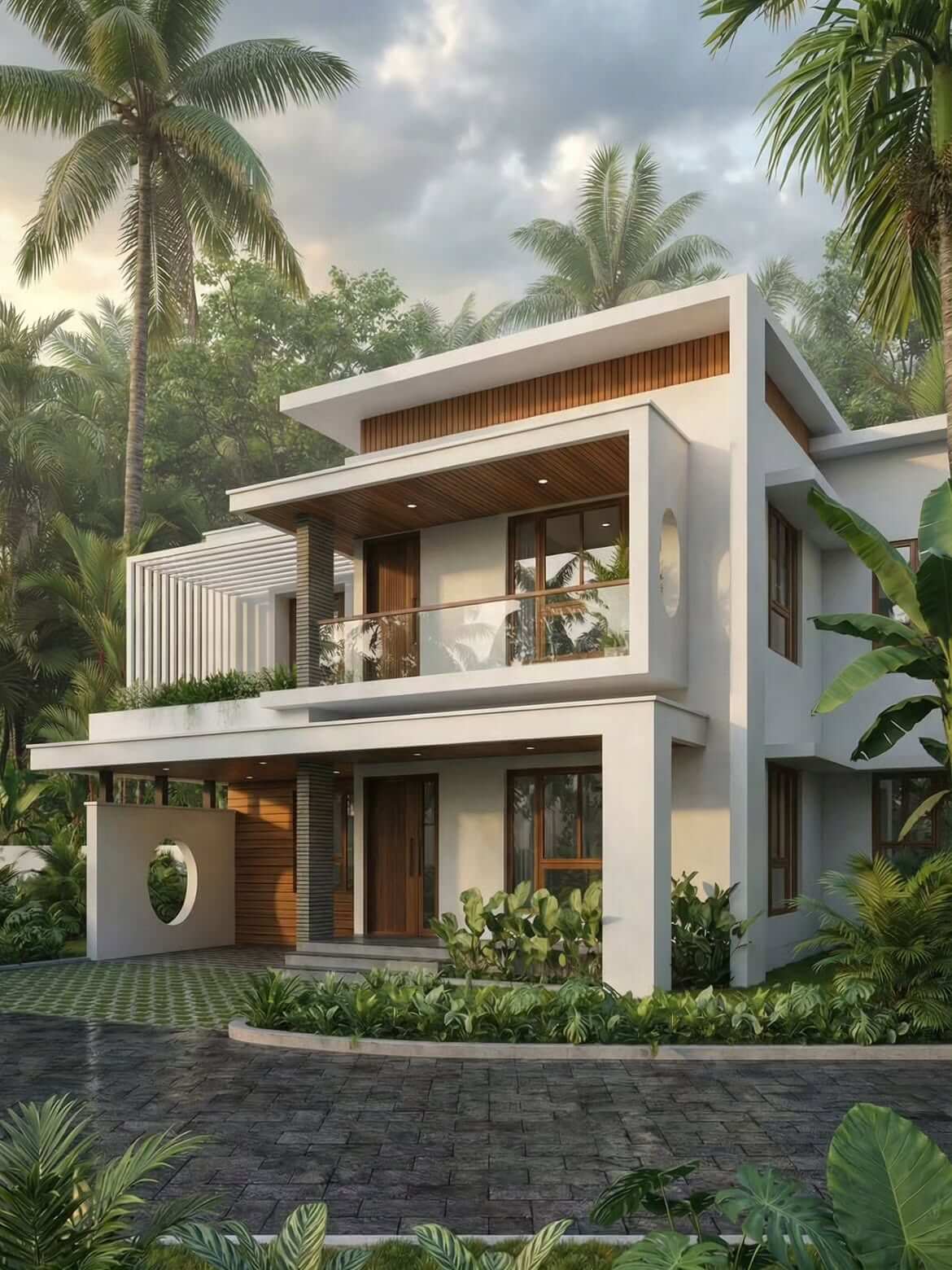 Contemporary Kerala house exterior render with warm roof profile