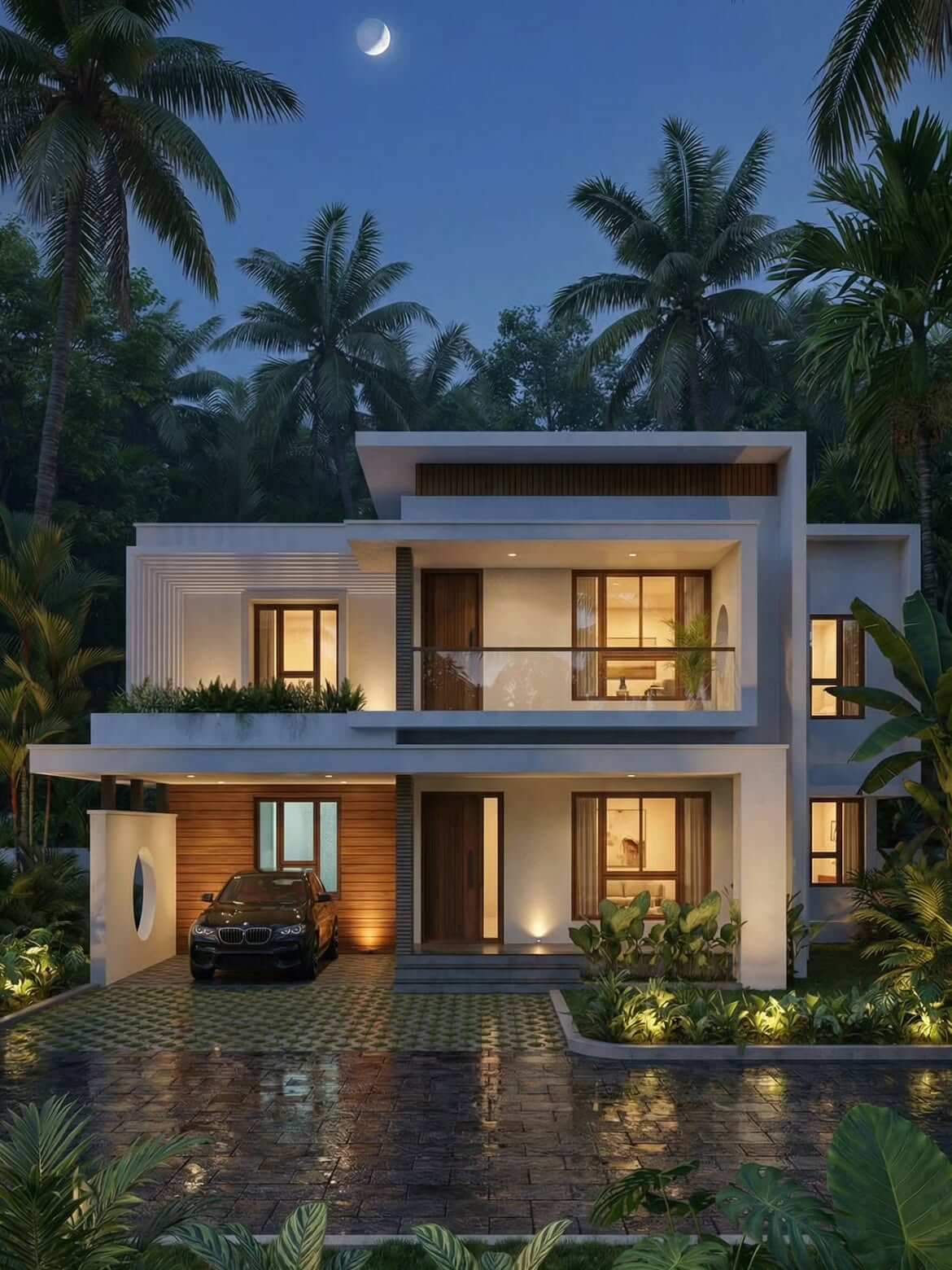 Contemporary house exterior render with balanced elevation