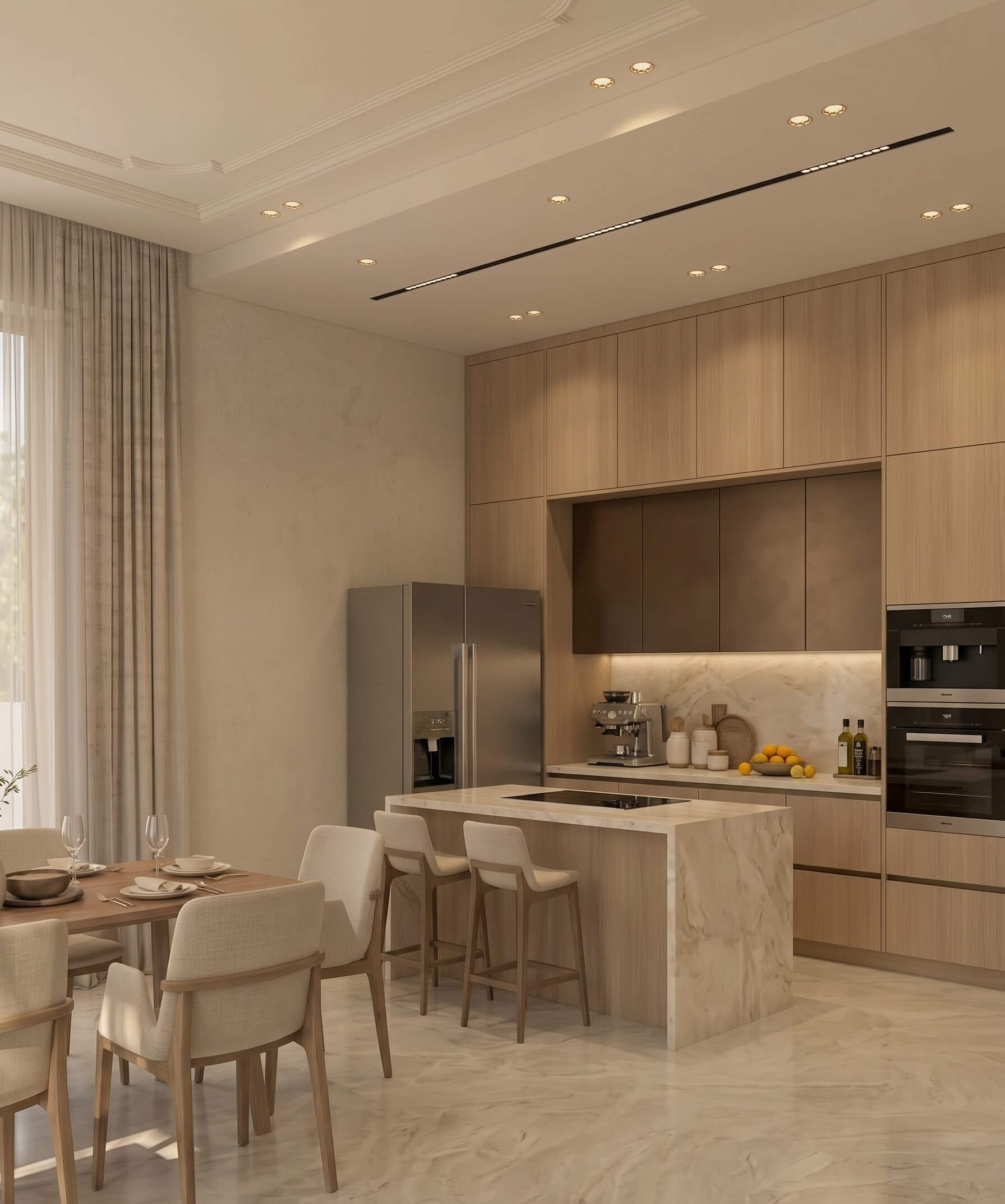 Kitchen unit with practical counters and balanced storage