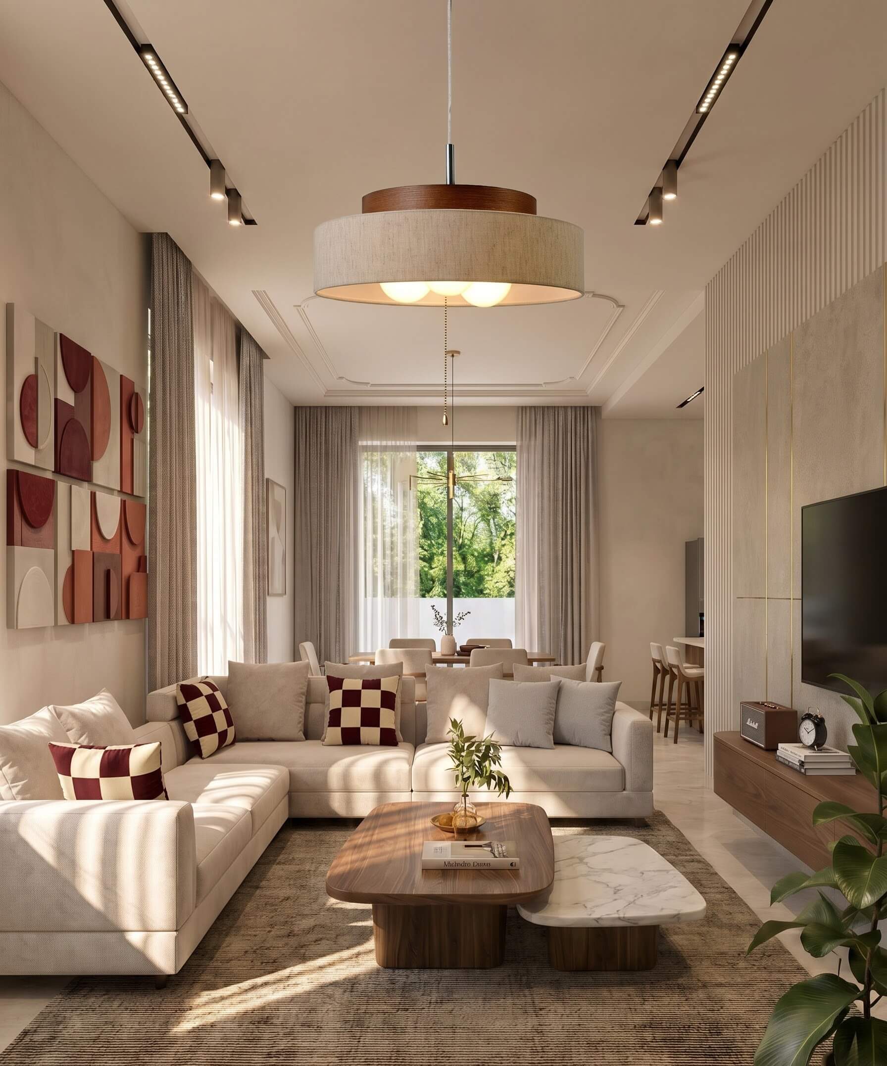 Living room with TV unit and clean storage rhythm