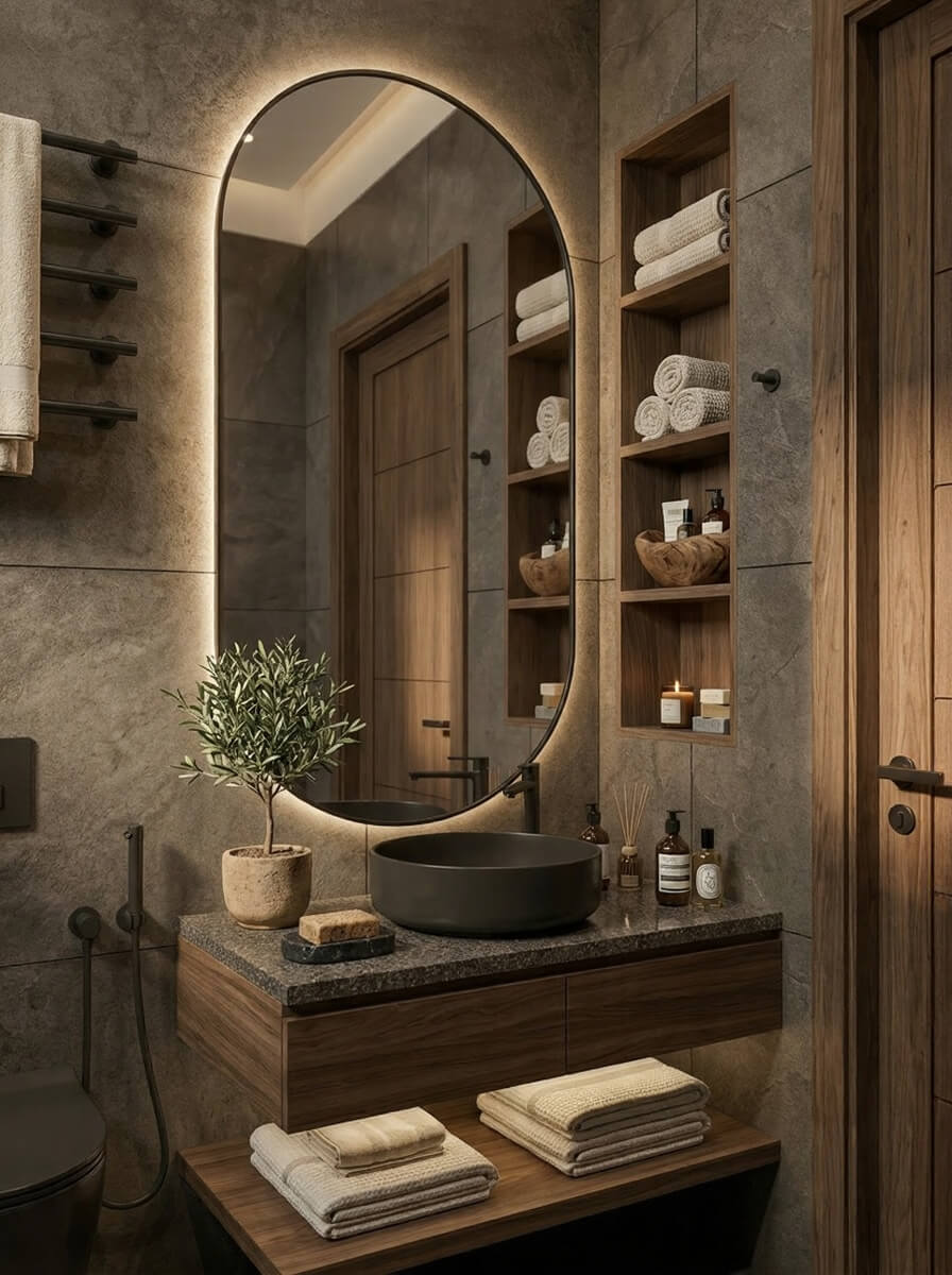 Luxury bathroom vanity with rich materials and polished storage
