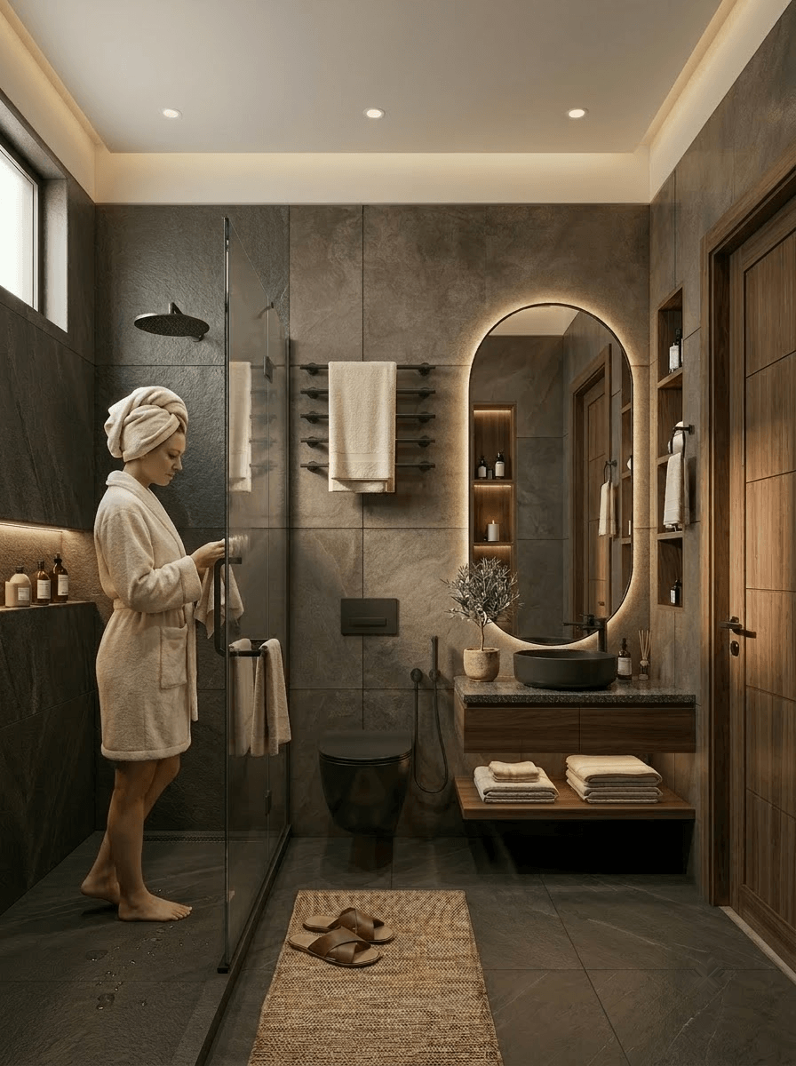 Luxury bathroom with spa-like mood and layered finishes